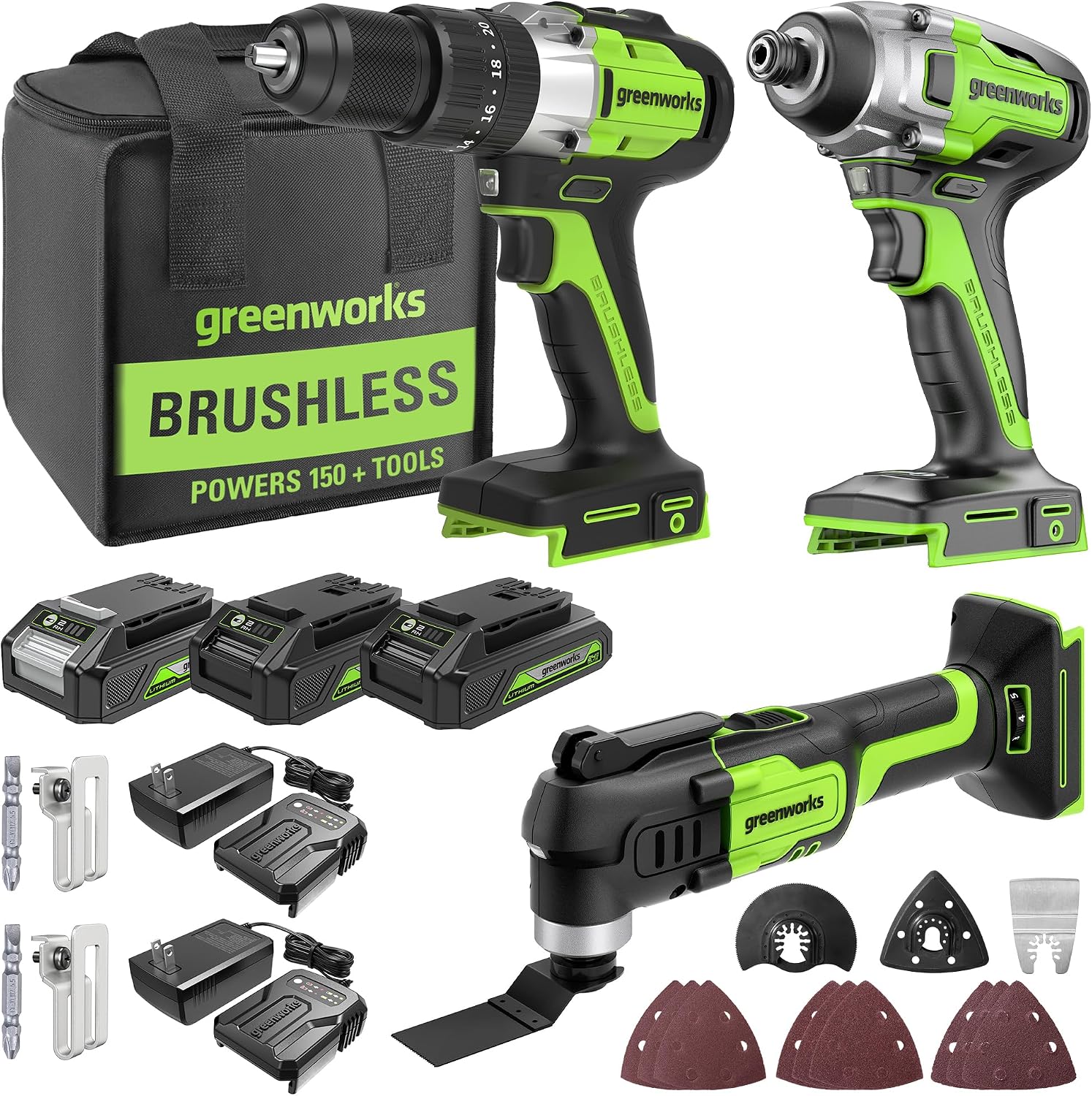 Greenworks 24V 3-pcs Combo Kit: 2650 in-lbs Impact Driver, 530 in-lbs Hammer Drill, Multi-Tool, Includes 3 * 2.0Ah and 2 Chargers