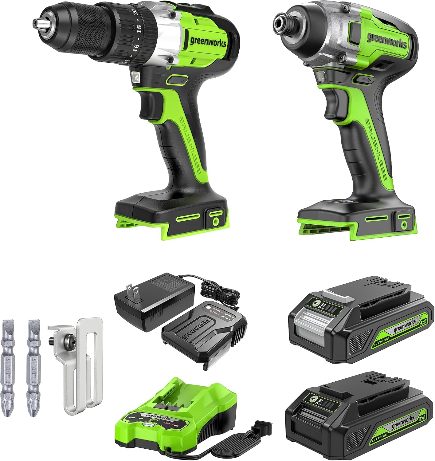 Greenworks 24V Brushless 2650 in-lbs Impact Driver and 530 in-lbs Hammer Drill, with two 2Ah batteries and two chargers