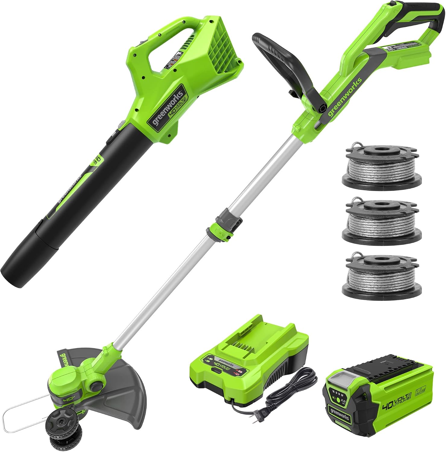 Greenworks 40V 13-Inch Cordless String Trimmer/Edger and Leaf Blower Combo Kit + 3 Bonus Spools, 2.0Ah Battery and Charger Included, STBL40B501