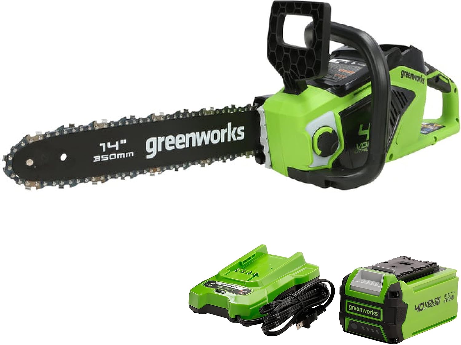 Greenworks 40V 14″ Cordless Battery 1.5kW Brushless Chainsaw w/ 2.5Ah USB Battery & Charger – CS40L2511