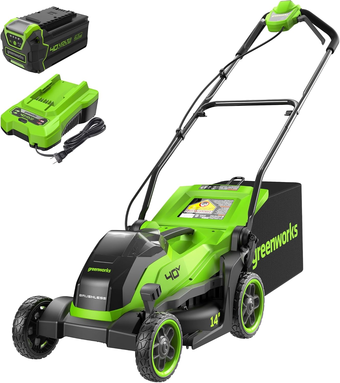 Greenworks 40V 14″ Cordless Battery BL Push Lawn Mower w/ 4.0Ah Battery & Charger – MO40L411-00