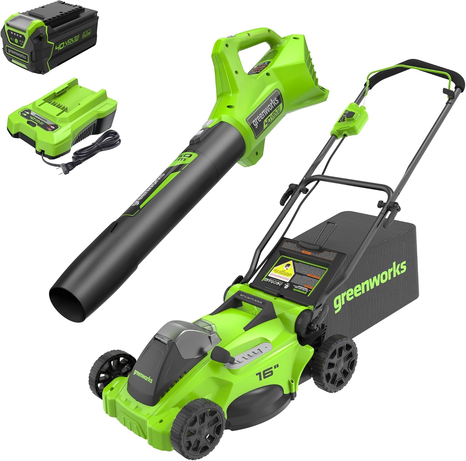 Greenworks 40V 16″ Cordless Battery Brushless Push Lawn Mower & 350 CFM Blower Combo Kit w/ 4.0Ah Battery & Charger – LMF417