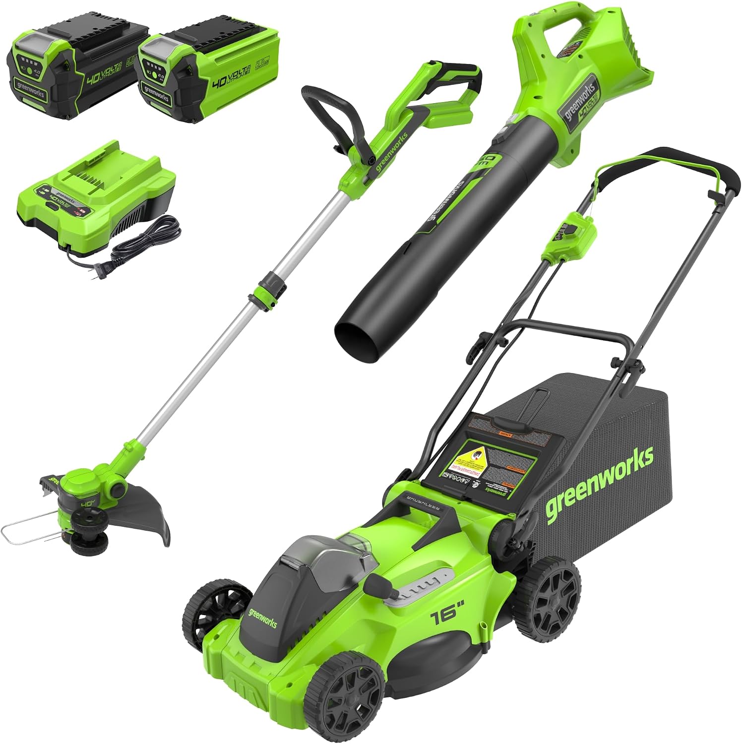 Greenworks 40V 16″ Cordless Battery Push Mower 3pc Combo Kit w/ 4Ah Battery, 2Ah Battery & Charger