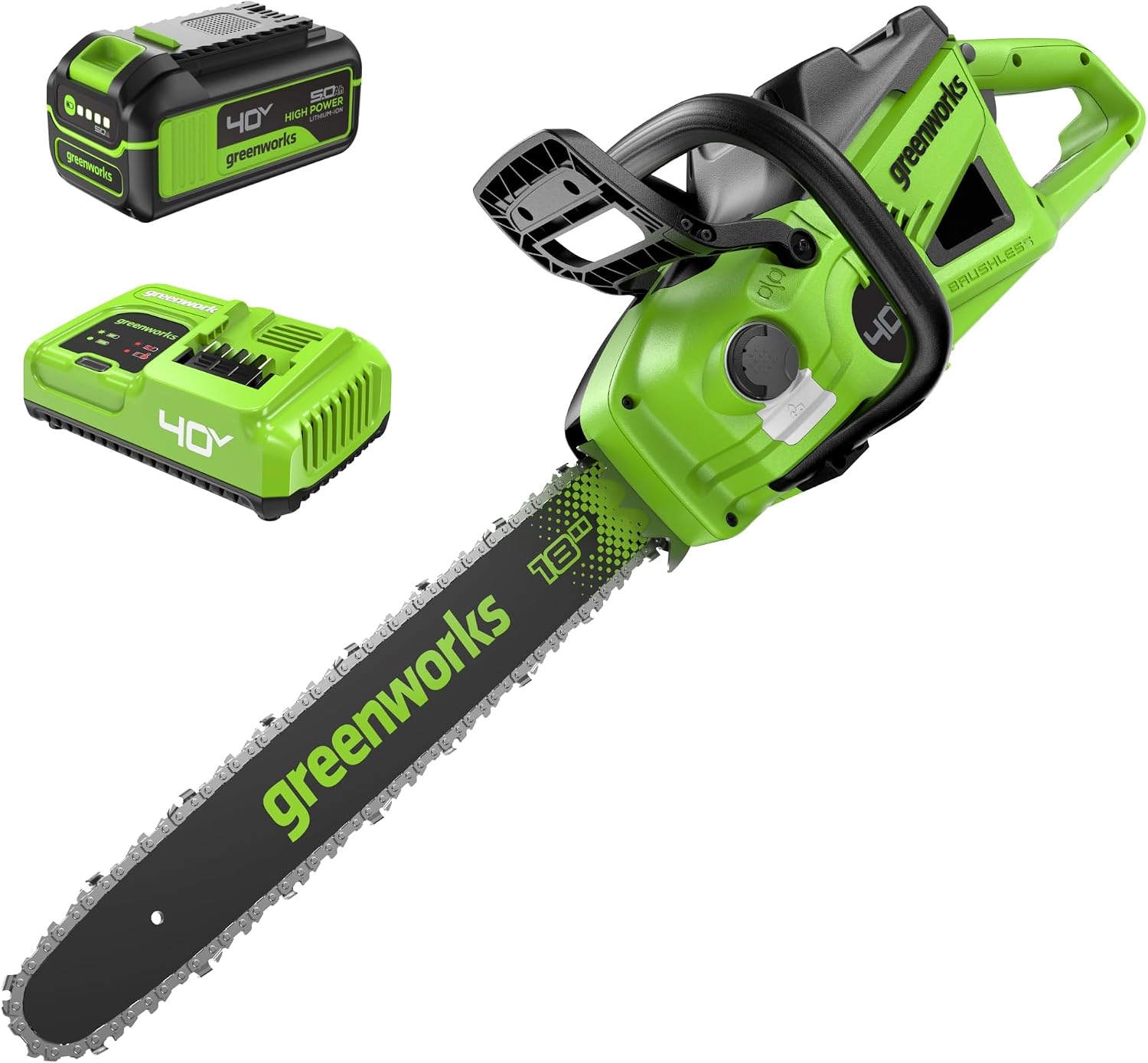 Greenworks 40V 18″ Cordless Battery 2.0kW Chainsaw w/ 5.0Ah Battery and 5A Charger – CS40L515-00
