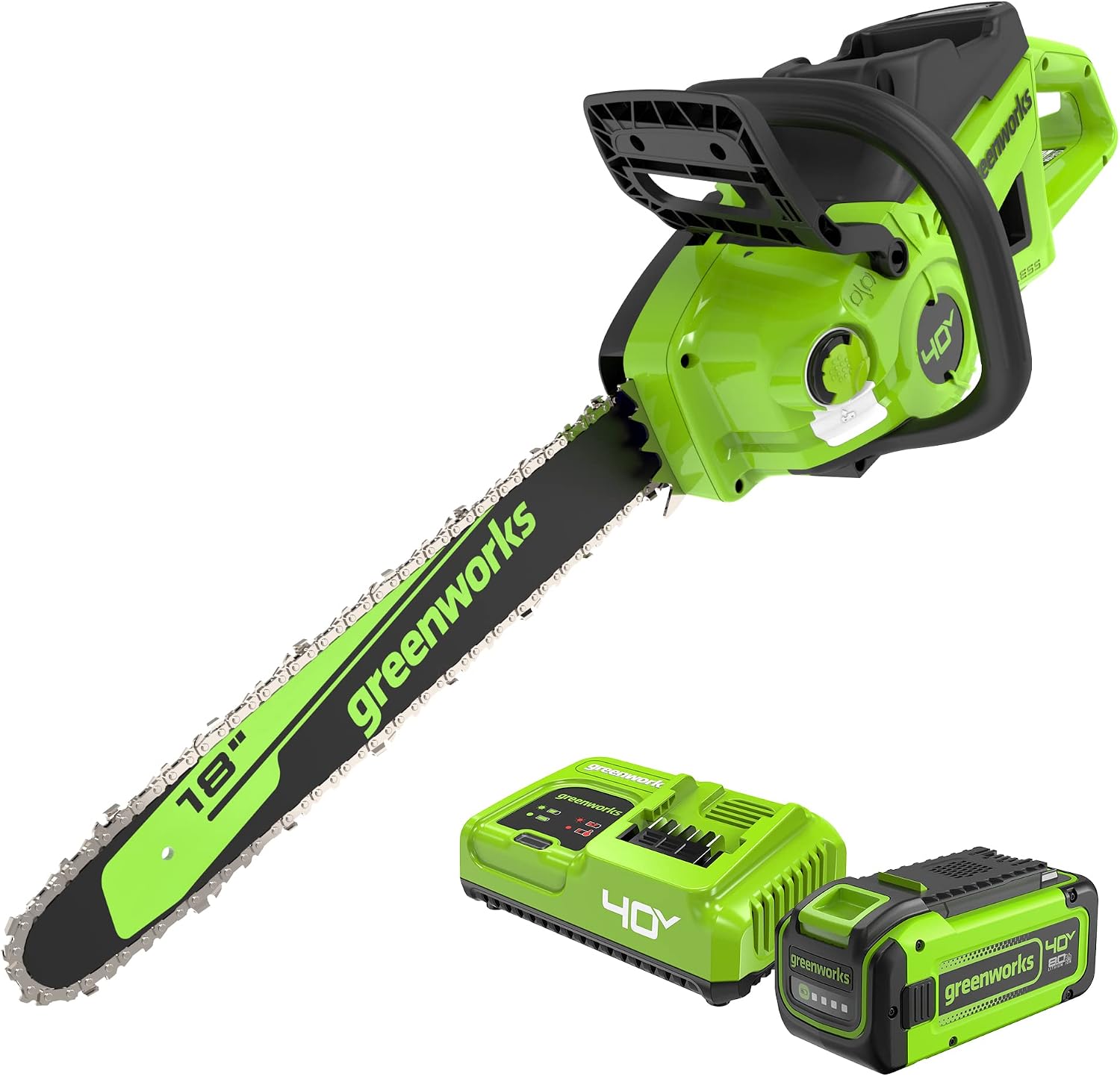 Greenworks 40V 18″ Cordless Battery 2.0kW Chainsaw w/ 8.0Ah Battery and Charger – CS40L415