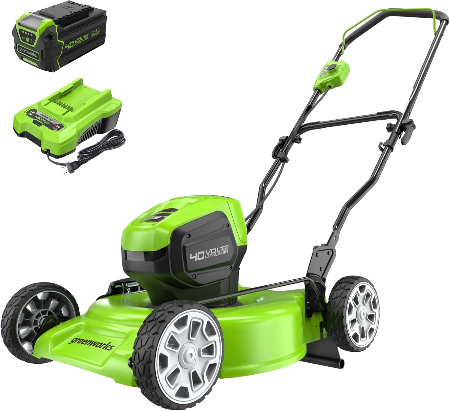 Greenworks 40V 19″ Cordless Battery Push Mower w/ 4.0Ah USB Battery & Charger – MO40L04