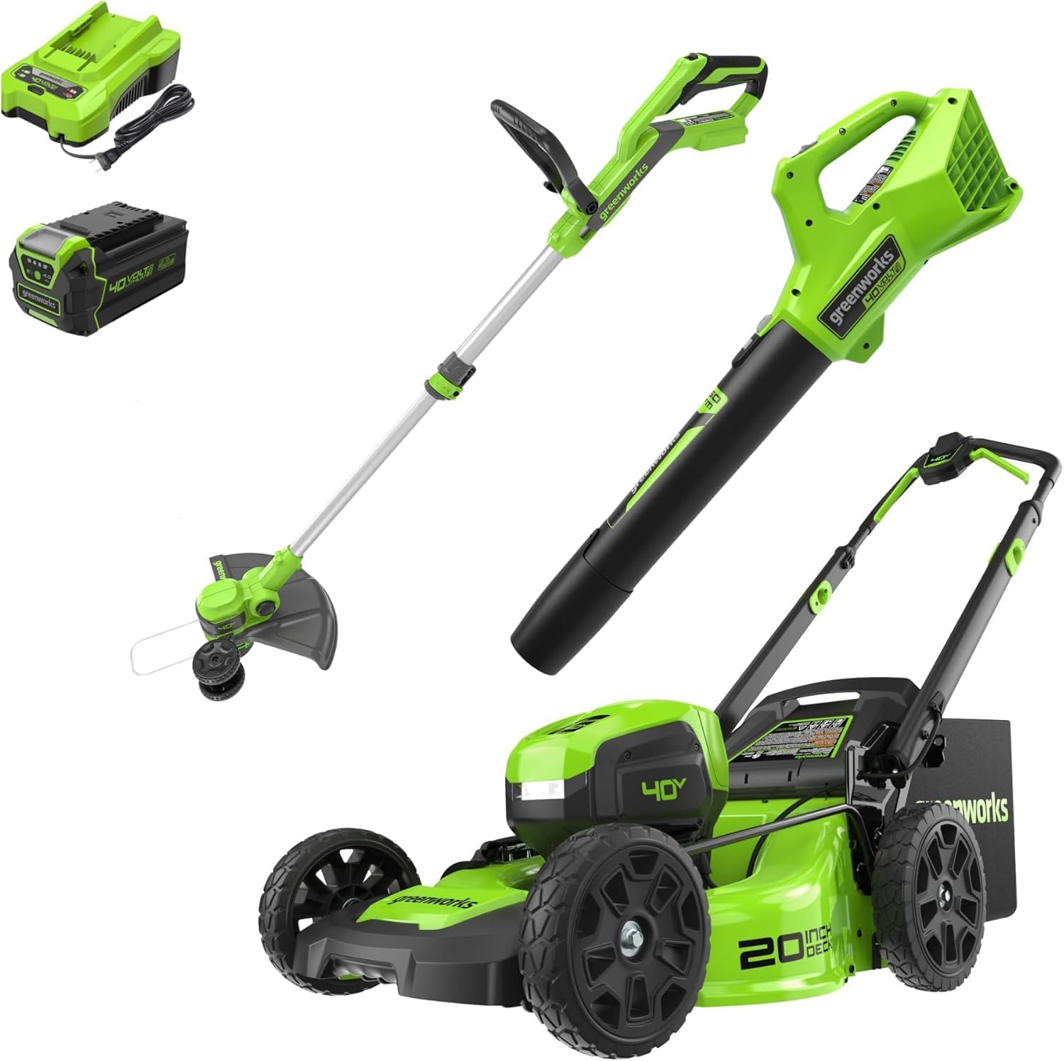Greenworks 40V 20″ Cordless Battery Push Lawn Mower, 13″ String Trimmer & 350 CFM Leaf Blower w/ 4.0Ah Battery & Charger
