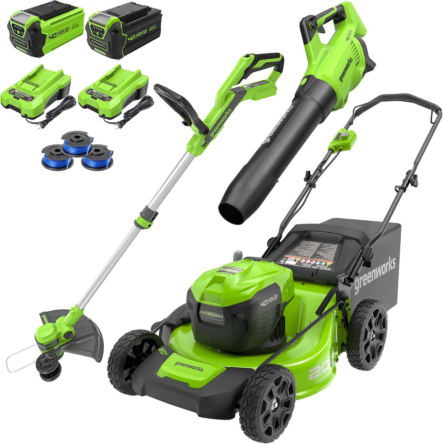 Greenworks 40V 20″ Cordless Lawn Mower (Push), Axial Leaf Blower (500 CFM / 120 MPH),12″ String Trimmer with 2 Batteries(5Ah+2Ah) and Chargers