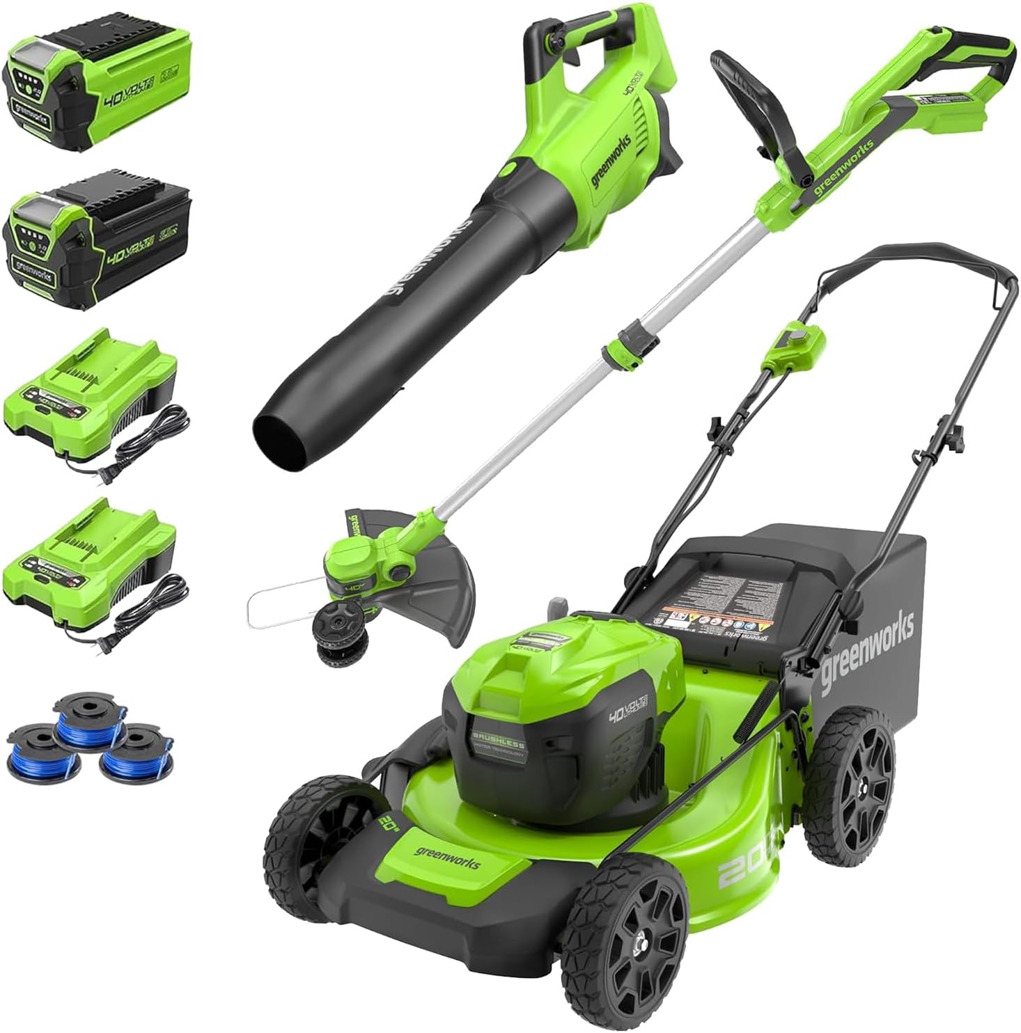 Greenworks 40V 20″ Cordless Push Lawn Mower Bundle with Axial Leaf Blower(500 CFM / 120 MPH), 12″ String Trimmer, 5Ah + 2Ah Batteries & Chargers