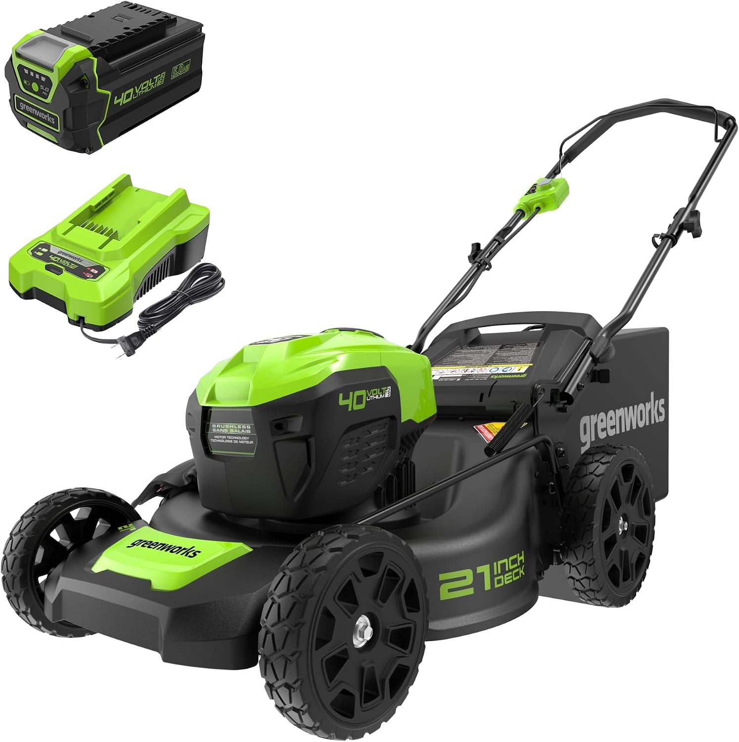Greenworks 40V 21″ Cordless Battery Brushless Push Lawn Mower w/ 5.0Ah USB Battery & Charger – LMF413