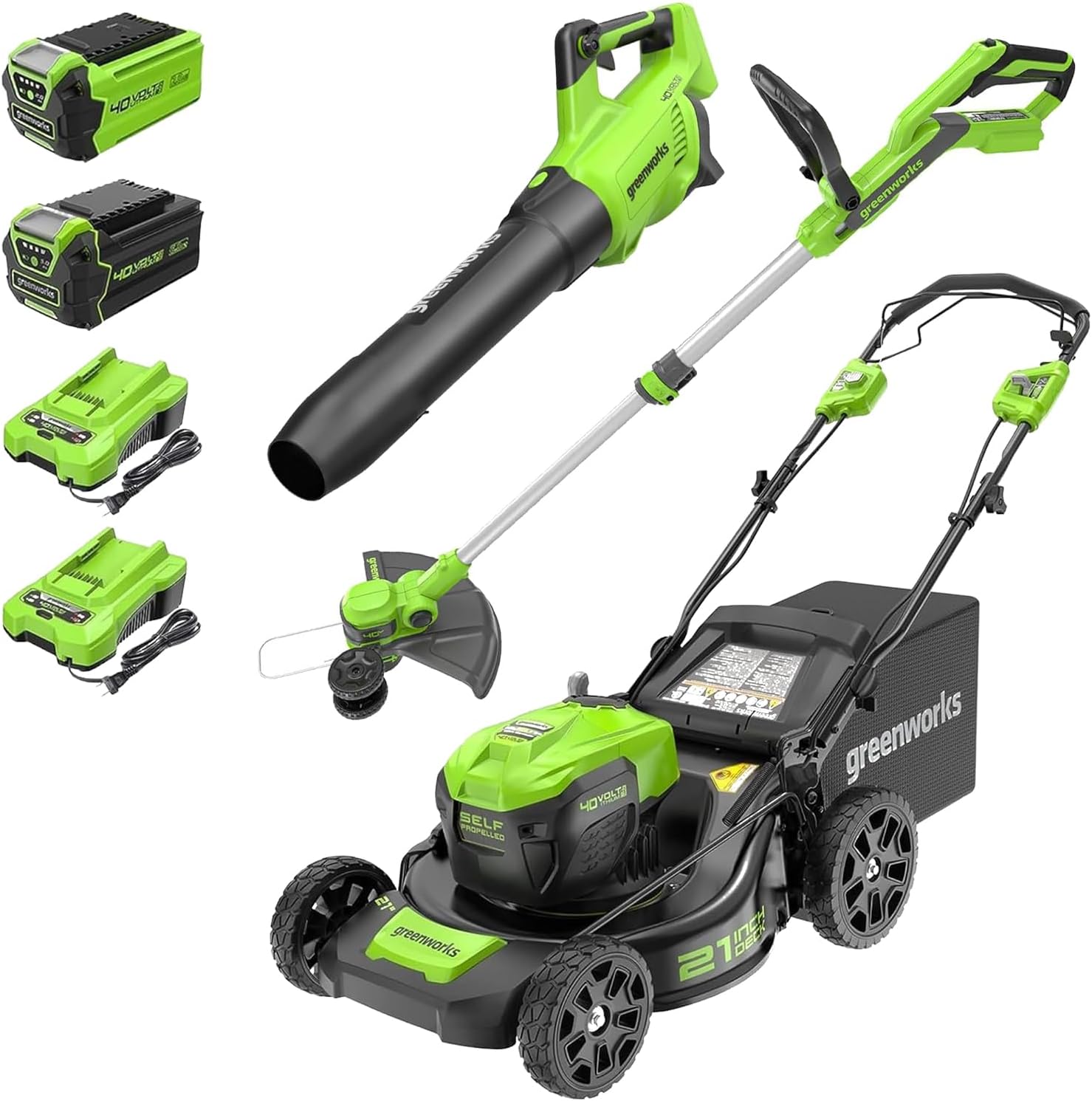 Greenworks 40V 21″ Self-Propelled Lawn Mower,Axial Leaf Blower(500 CFM / 120 MPH),13″ String Trimmer with 2 Batteries(5Ah+2Ah) & Chargers