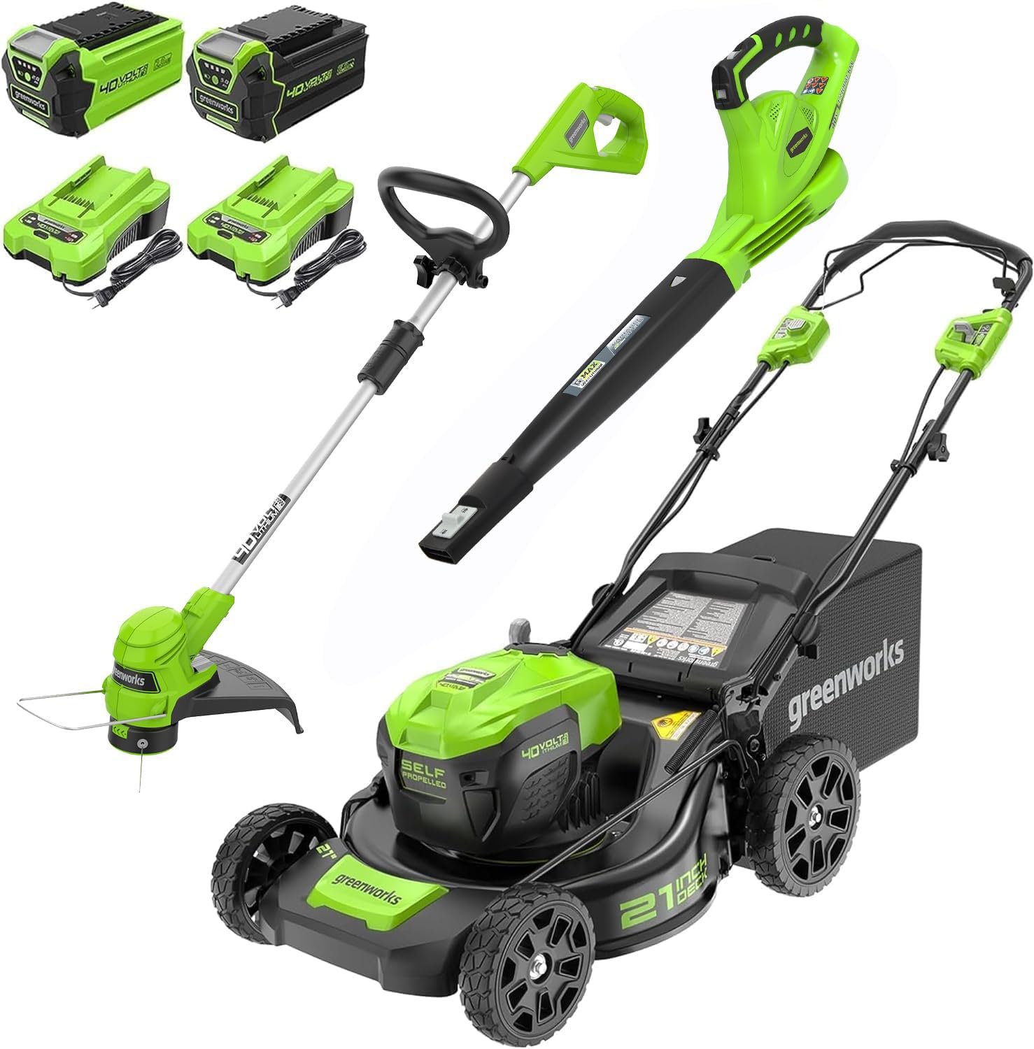Greenworks 40V 21″ Self-Propelled Mower, Axial Leaf Blower, 12″ String Trimmer with Batteries and Chargers