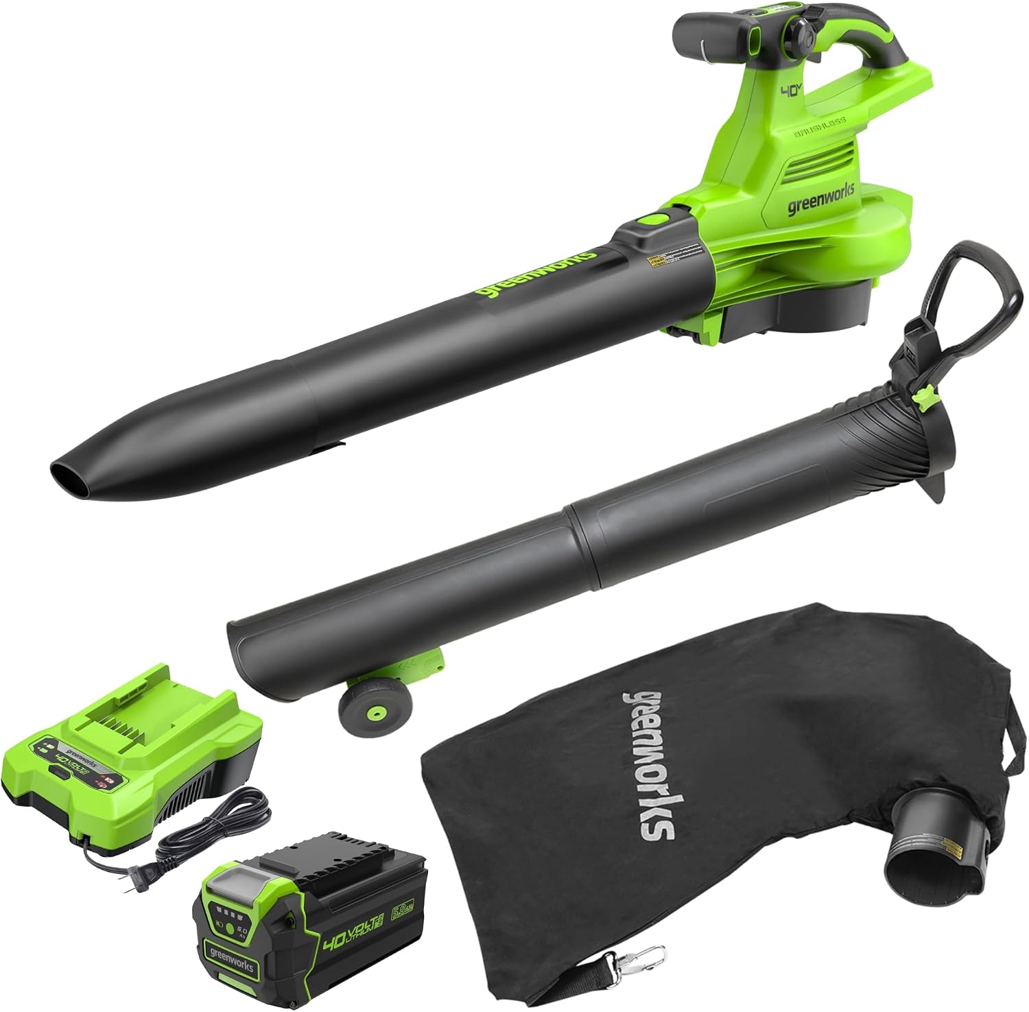 Greenworks 40V 505 CFM Cordless Battery Leaf Blower/Vacuum w/ 5.0Ah Battery & Charger – BL40L511