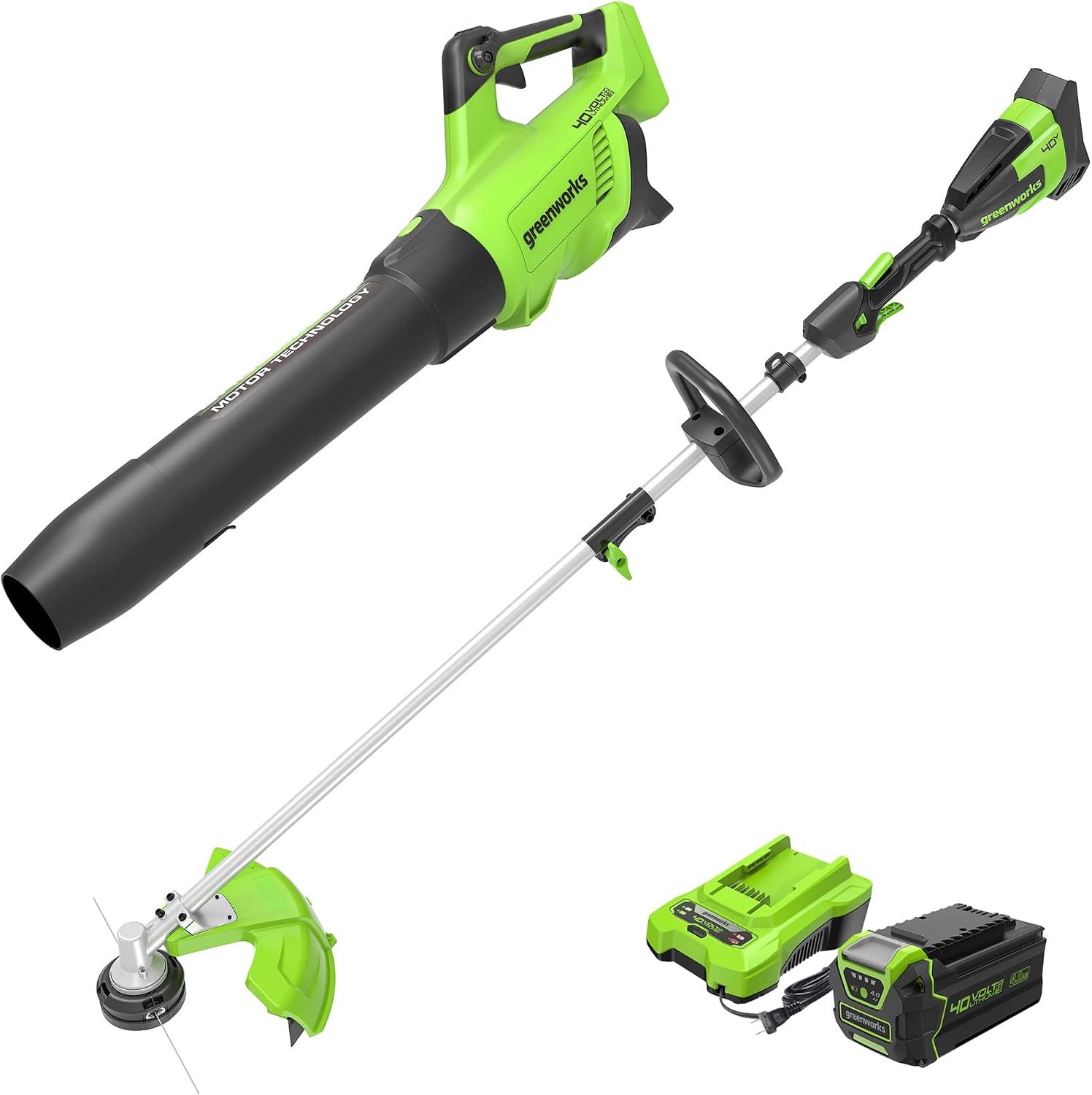 Greenworks 40V 550 CFM Cordless Battery Leaf Blower and 16″ Attachment Capable String Trimmer Combo Kit w/ 4Ah Battery and Charger – STBL40L301
