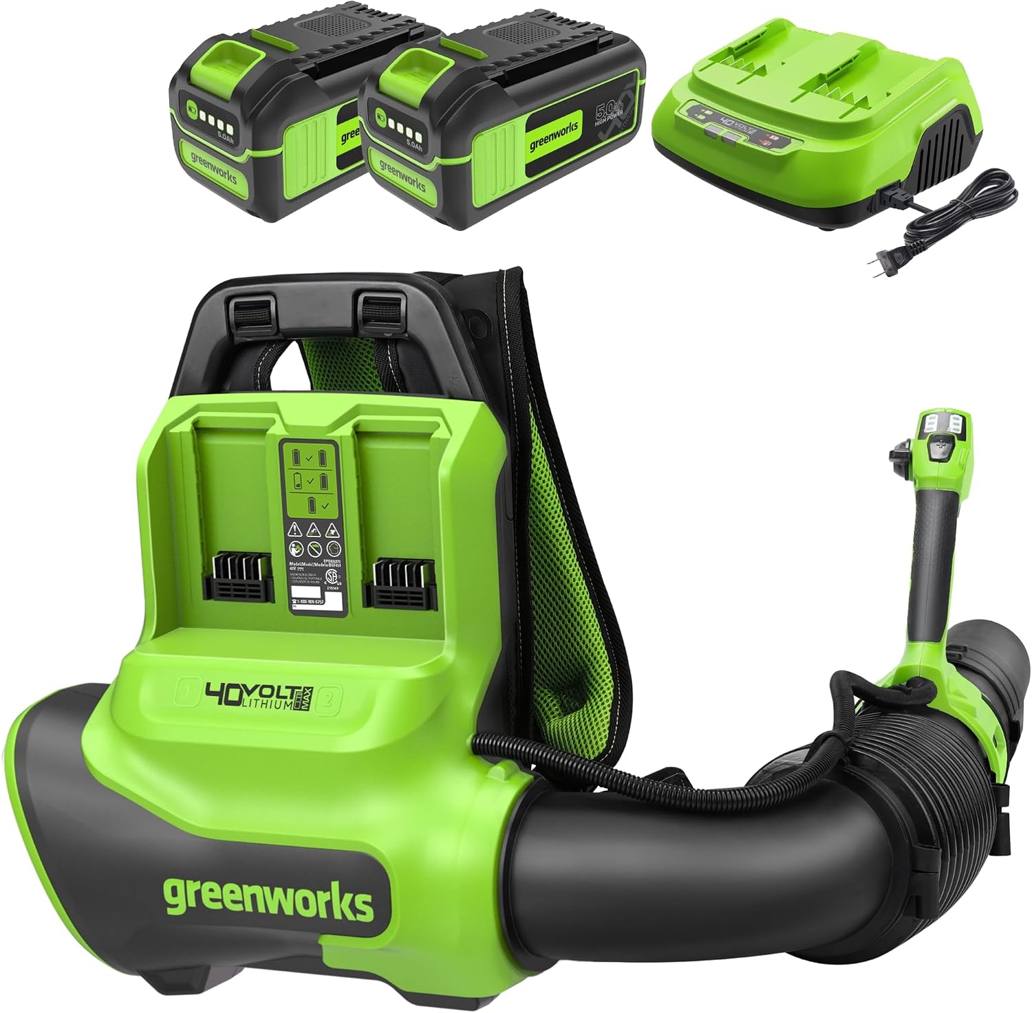 Greenworks 40V 710 CFM Cordless Battery Dual Port Backpack Blower w/ (2) 5.0Ah Battery & Charger – BPB40L520-00