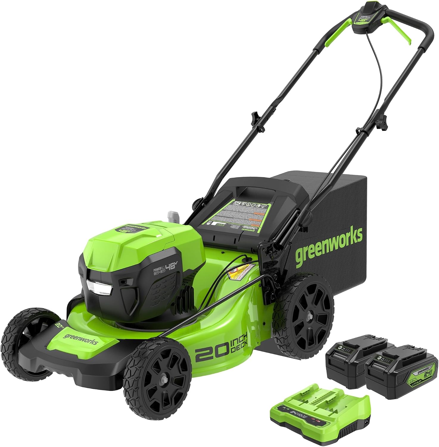 Greenworks 48V (2 x 24V) 20″ Brushless Cordless (Push) Lawn Mower (LED Headlight), (2) 4.0Ah Batteries and Dual Port Rapid Charger Included (125+ Compatible Tools)