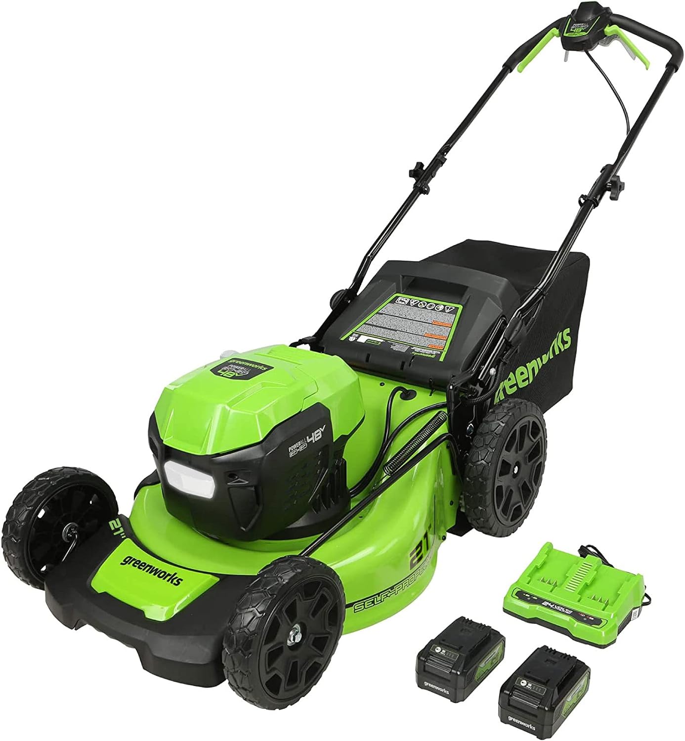 Greenworks 48V (2 x 24V) 21″ Brushless Cordless (Self-Propelled) Lawn Mower (LED Headlight), (2) 5.0Ah Batteries and Dual Port Rapid Charger Included (125+ Compatible Tools)