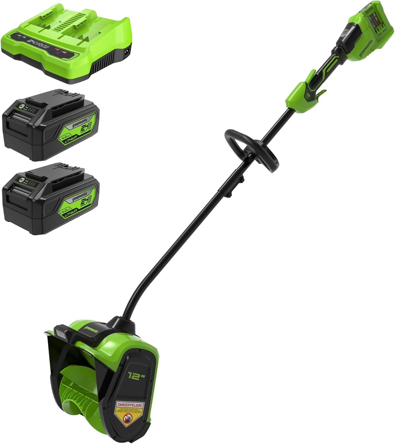 Greenworks 48V (24V X 2) 12in Brushless Snow Shovel w/Light Kit with (2) 4.0Ah Non-USB Batteries & 4A Dual Port Rapid Charger
