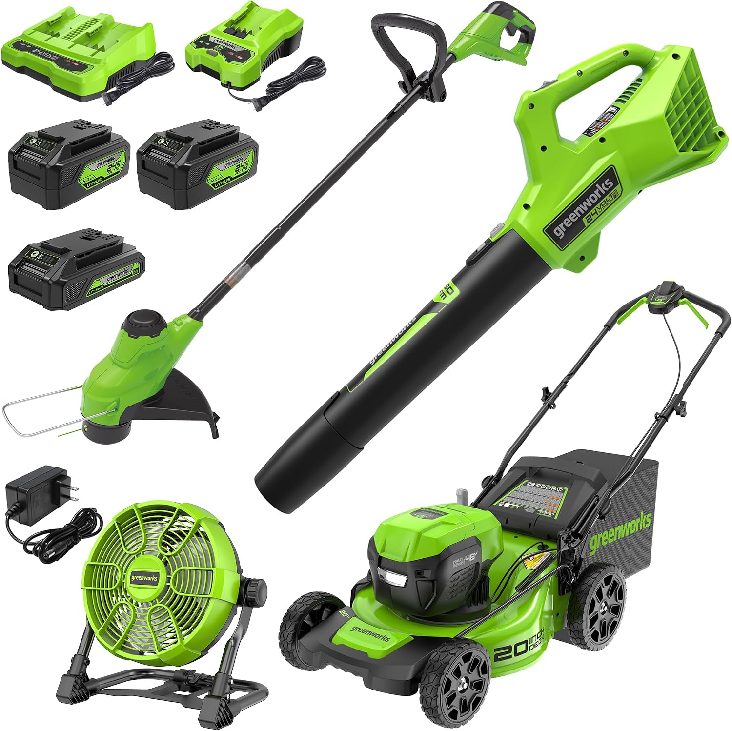 Greenworks 48V (2x24V) Lawn Mower Combo Kit with 20″ Steel Deck, 12″ String Trimmer, 320 CFM Blower, 10″ Fan (500 CFM) – All-in-One Cordless Combo: Ideal for Home Yard Work & Indoor Cleaning