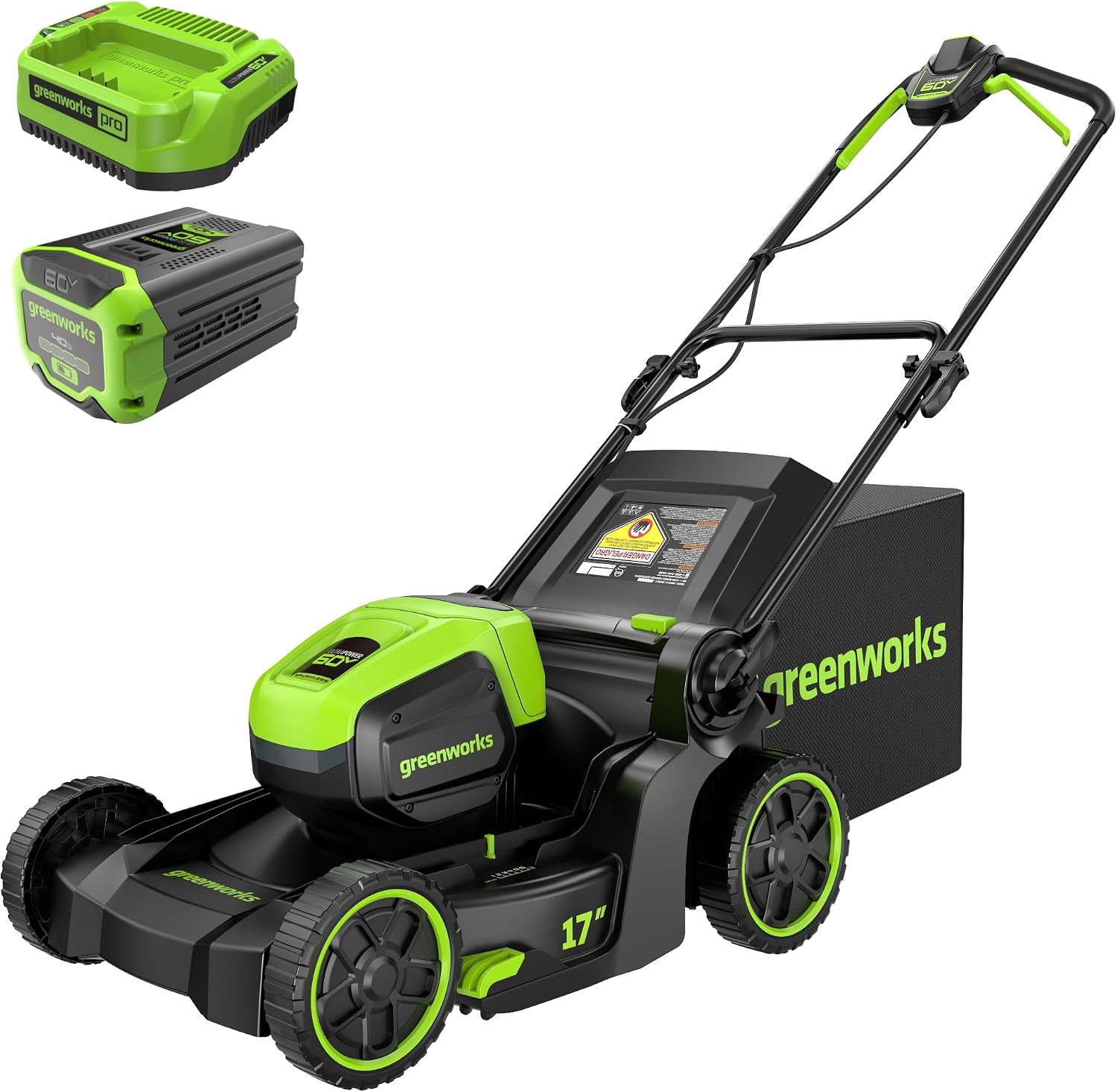 Greenworks 60V 17″ Brushless Cordless Push Lawn Mower, 2-in-1 Mulching/Bagging, 4.0Ah Battery and 3A Charger (40min Runtime)