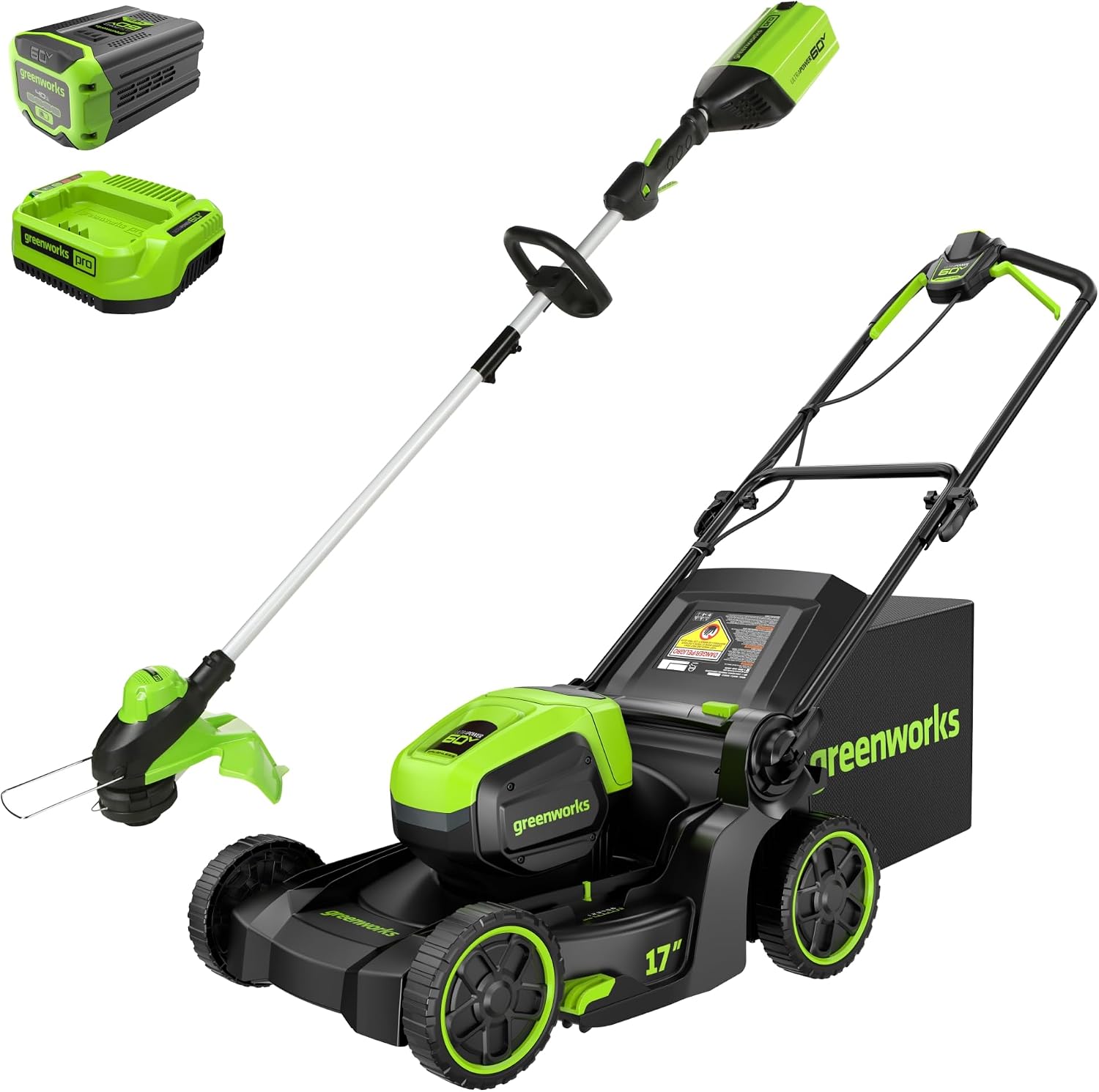 Greenworks 60V 17″ Brushless (Push) Mower + 60V 13″ String Trimmer, 4.0Ah Battery and 3A Charger