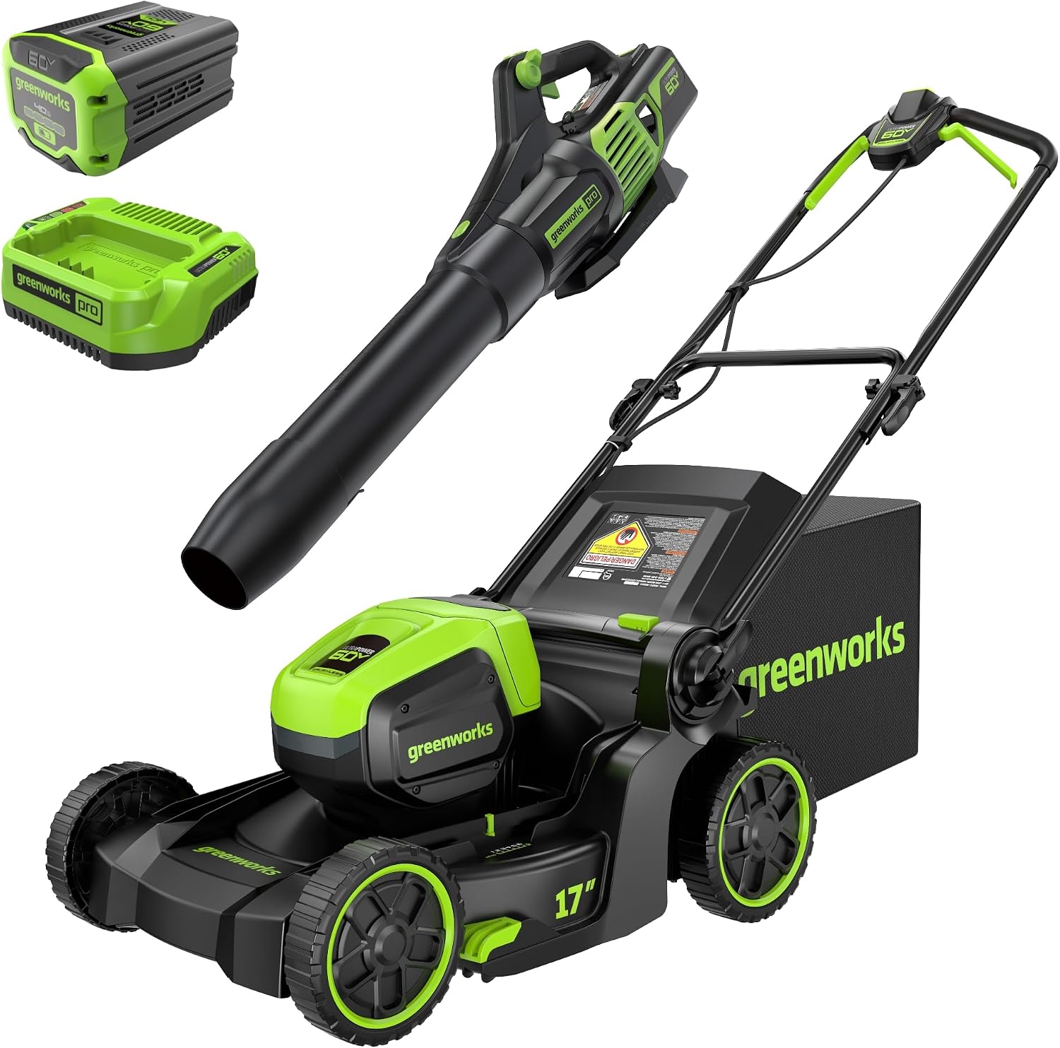 Greenworks 60V 17″ Brushless (Push) Mower + 60V (610 CFM) Brushless Blower, 4.0Ah Battery and 3A Charger