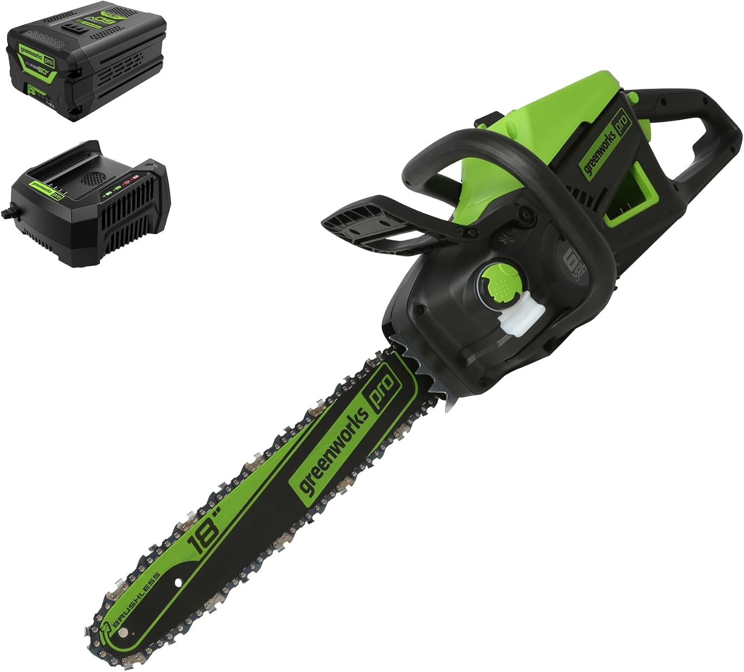 Greenworks 60V 18″ Brushless Cordless Chainsaw, 4.0Ah Battery and Charger Included