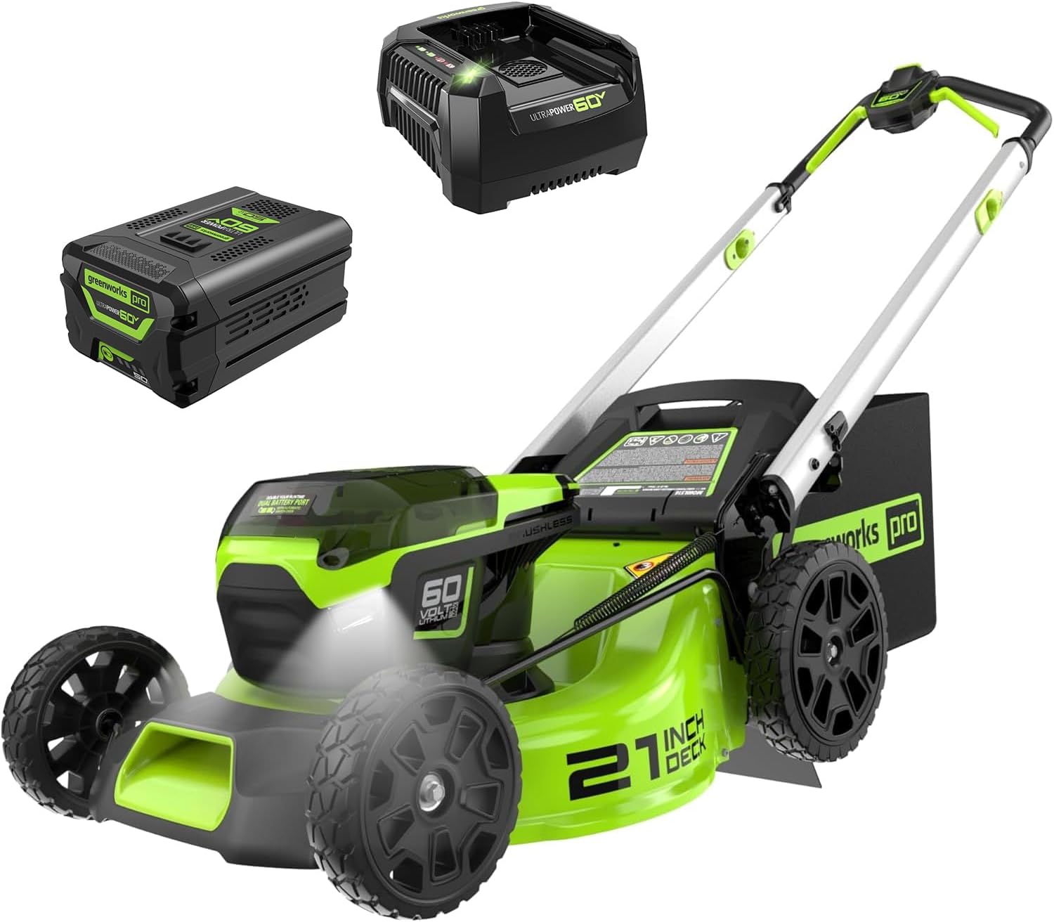 Greenworks 60V 21” Cordless (Push) Lawn Mower (LED Lights + Aluminum Handles), 5.0Ah Battery and Rapid Charger