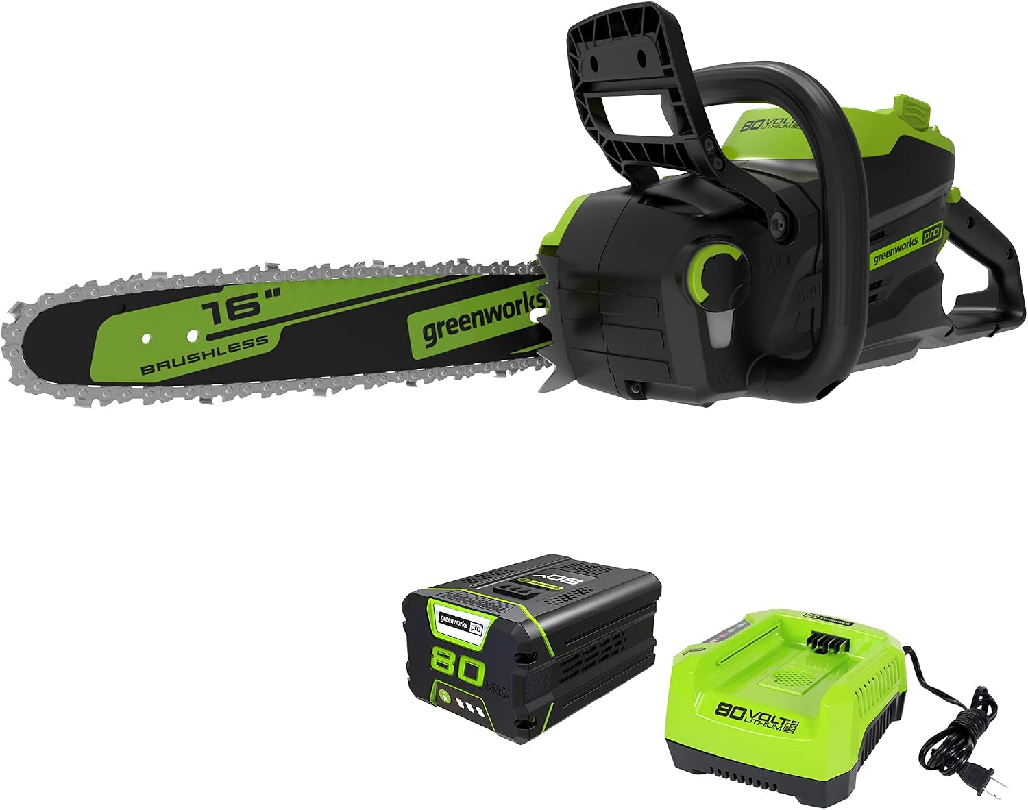 Greenworks 80V 16″ Brushless Cordless Chainsaw, 2.5Ah Battery and Charger Included