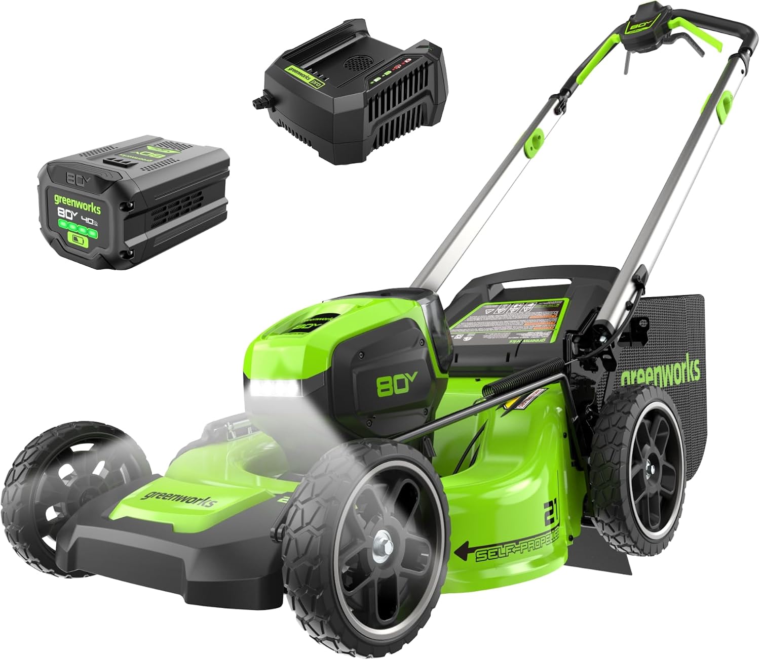 Greenworks 80V 21″ Self-Propelled Cordless Lawn Mower – Brushless Motor, LED Lights, 4.0Ah Battery & Rapid Charger (75+ Compatible Tools)