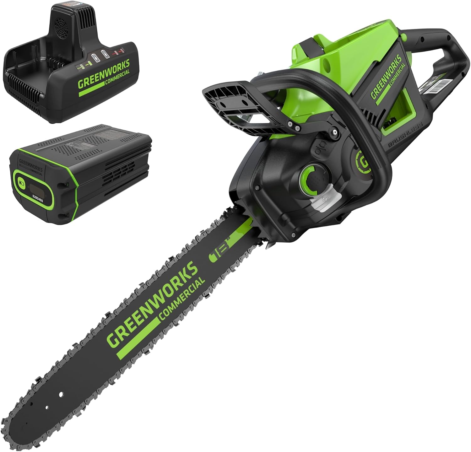 Greenworks 82V 18″ Brushless (2.7 kW) Cordless Chainsaw (210 Cuts Per Charge), 4.0Ah Battery and Dual Port Rapid Charger – 82CS271