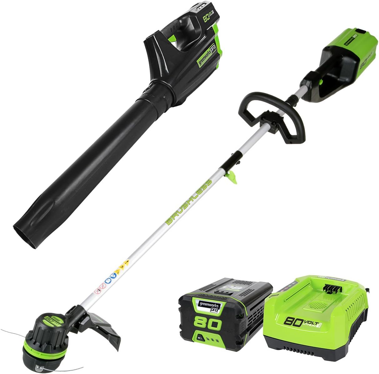 Greenworks Pro 80V Cordless Brushless String Trimmer + Leaf Blower Combo, 2Ah Battery and Charger Included STBA80L210