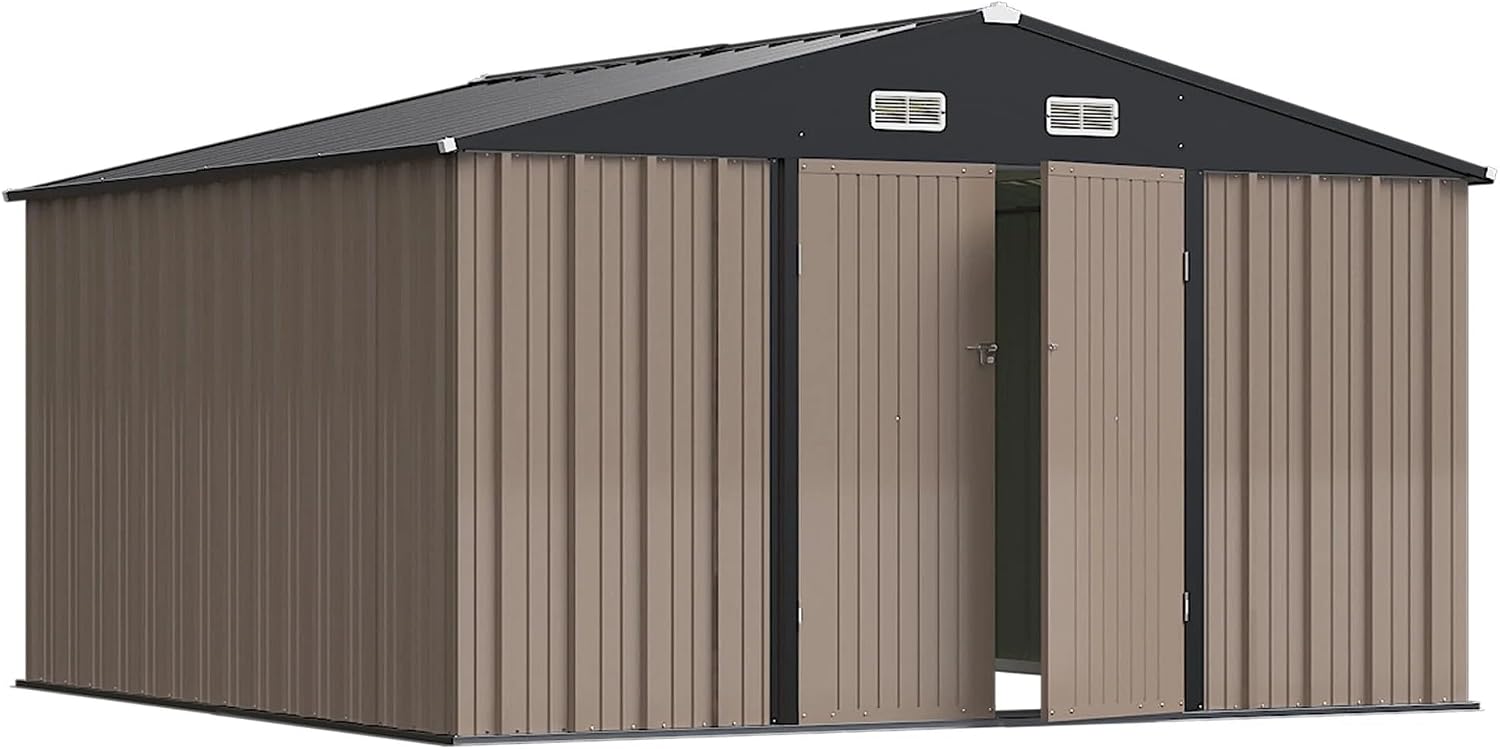 Greesum 10×10 FT Metal Outdoor Storage Shed, Lockable Tool Shed with Sloping Roof for Garden, Patio & Backyard, Brown
