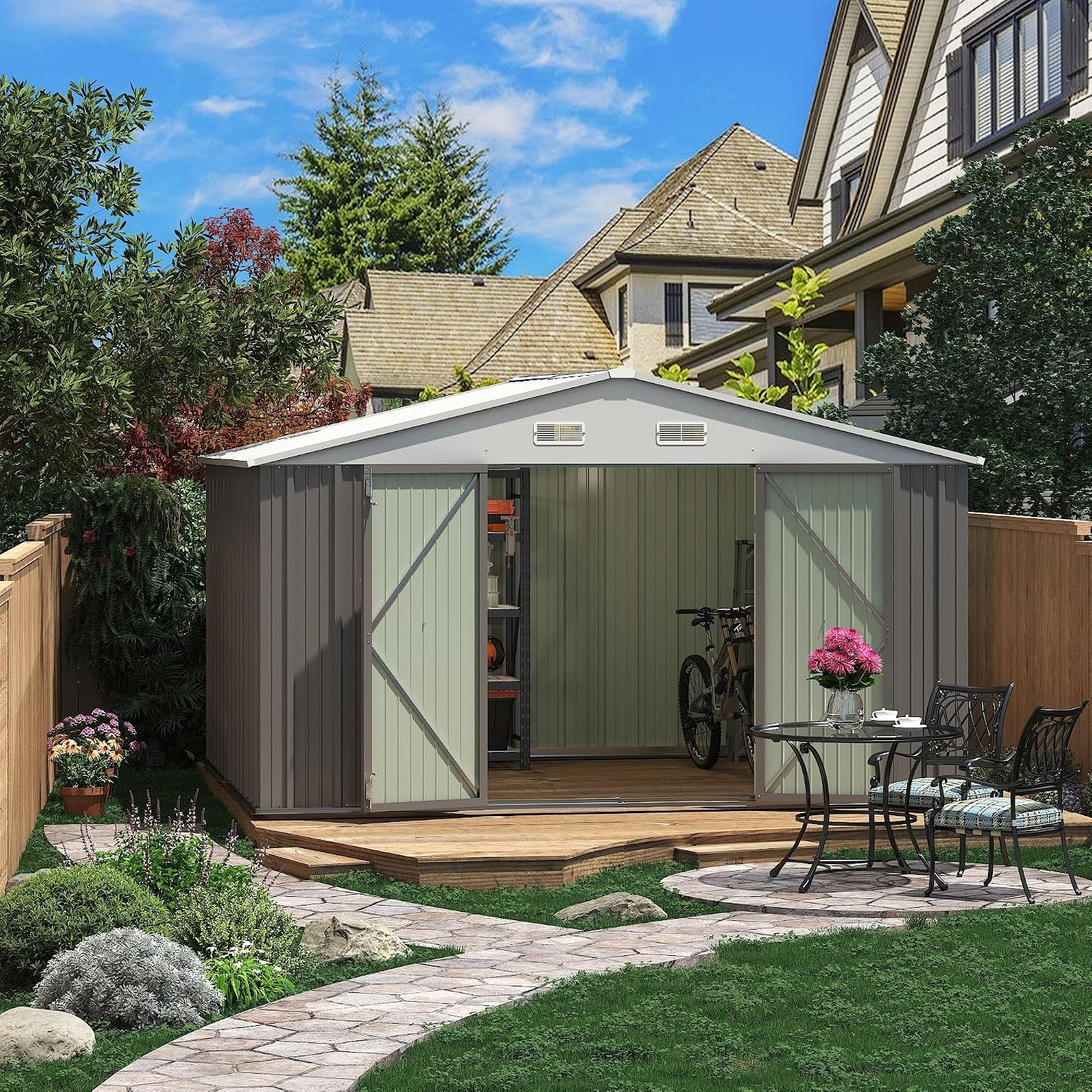 Greesum 10×8 FT Metal Outdoor Storage Shed, Lockable Tool Shed with Sloping Roof for Garden, Patio & Backyard, Gray