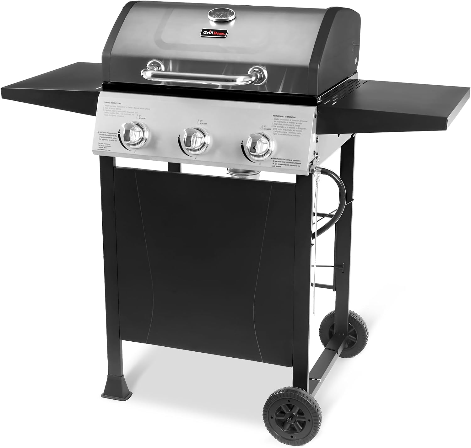 Grill Boss 3-Burner Propane Gas Grill – Portable BBQ with Lid, Wheels & Side Shelves, Ideal for Camping & Outdoor Cooking
