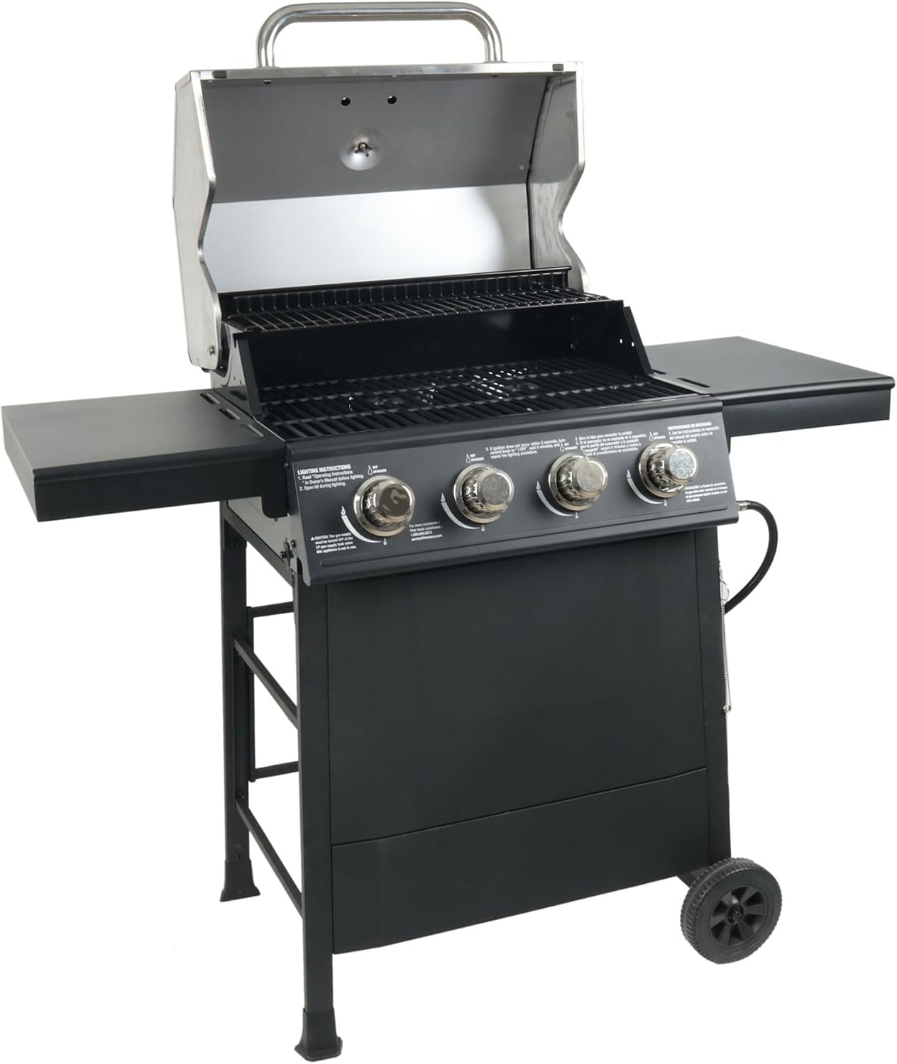 Grill Boss 4-Burner Outdoor Propane Gas Grill with Side Burner, Stainless Steel Lid, Push Ignition, Warming Rack, Wheels, Black