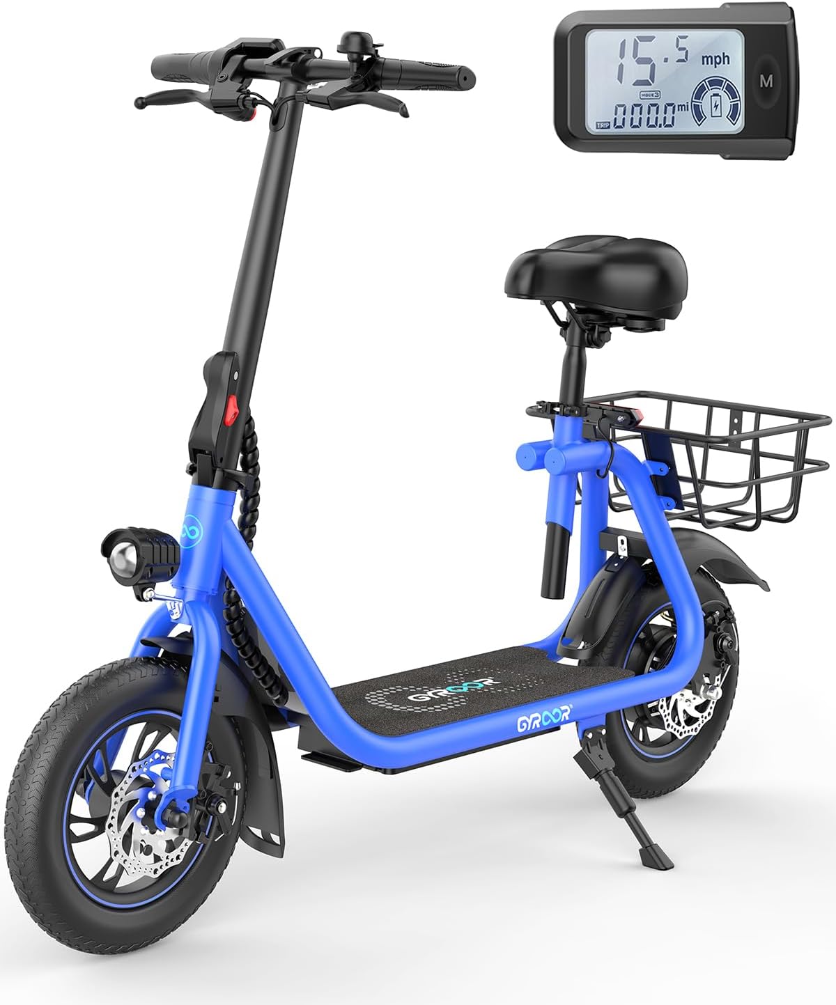 Gyroor Electric Scooter for Adults w Seat, 20/25 Miles Range 450W Motor up to 15.5/18.6 MPH Speed LCD Display, Electric Scooter w Basket, Blue