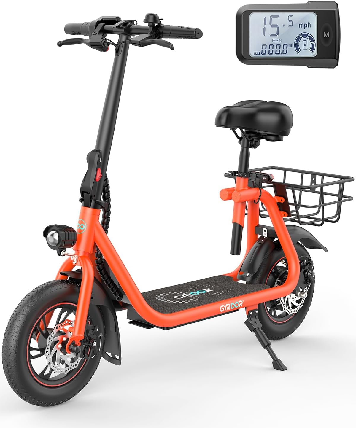 Gyroor Electric Scooter for Adults w Seat, 20/25 Miles Range 450W Motor up to 15.5/18.6 MPH Speed LCD Display, Electric Scooter w Basket, Orange