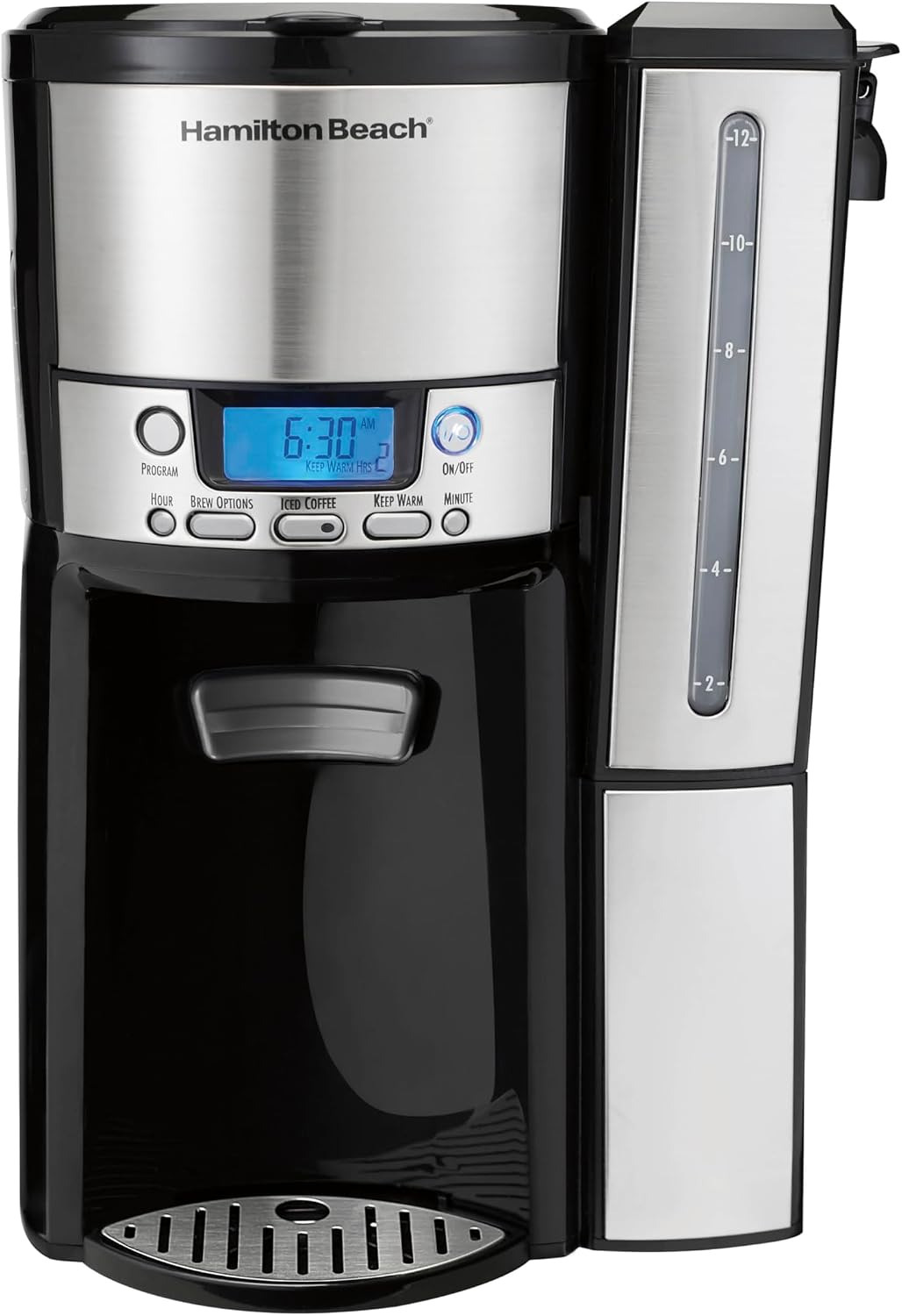 Hamilton Beach 12-Cup Programmable Coffee Maker, One Press Dispensing, Internal Pot, 60oz Removable Reservoir, Black & Stainless (47950)