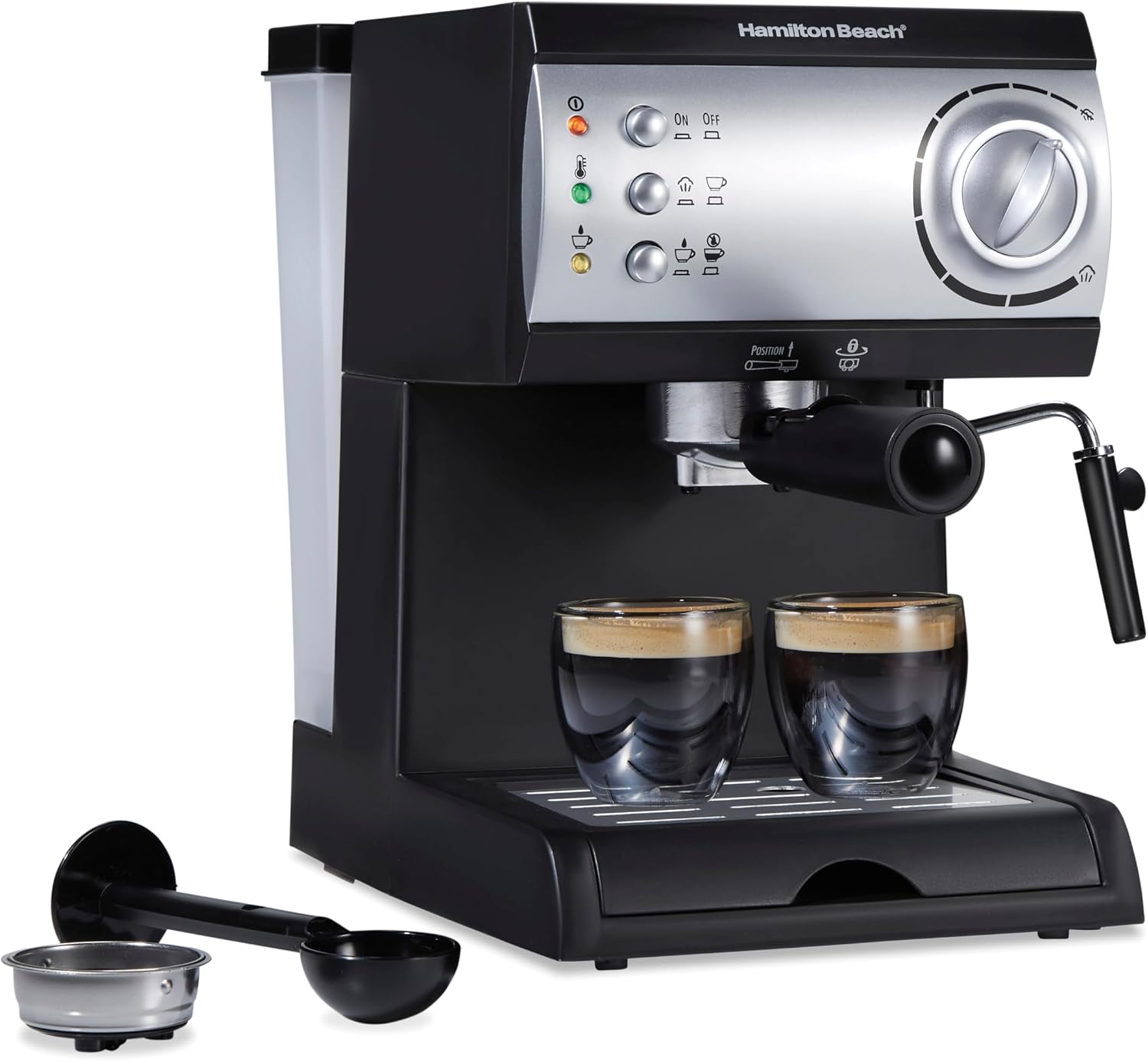 Hamilton Beach 15-Bar Espresso Machine, Cappuccino & Latte Maker with Milk Frother, Dual Cup Brewing, 50oz Reservoir, Black