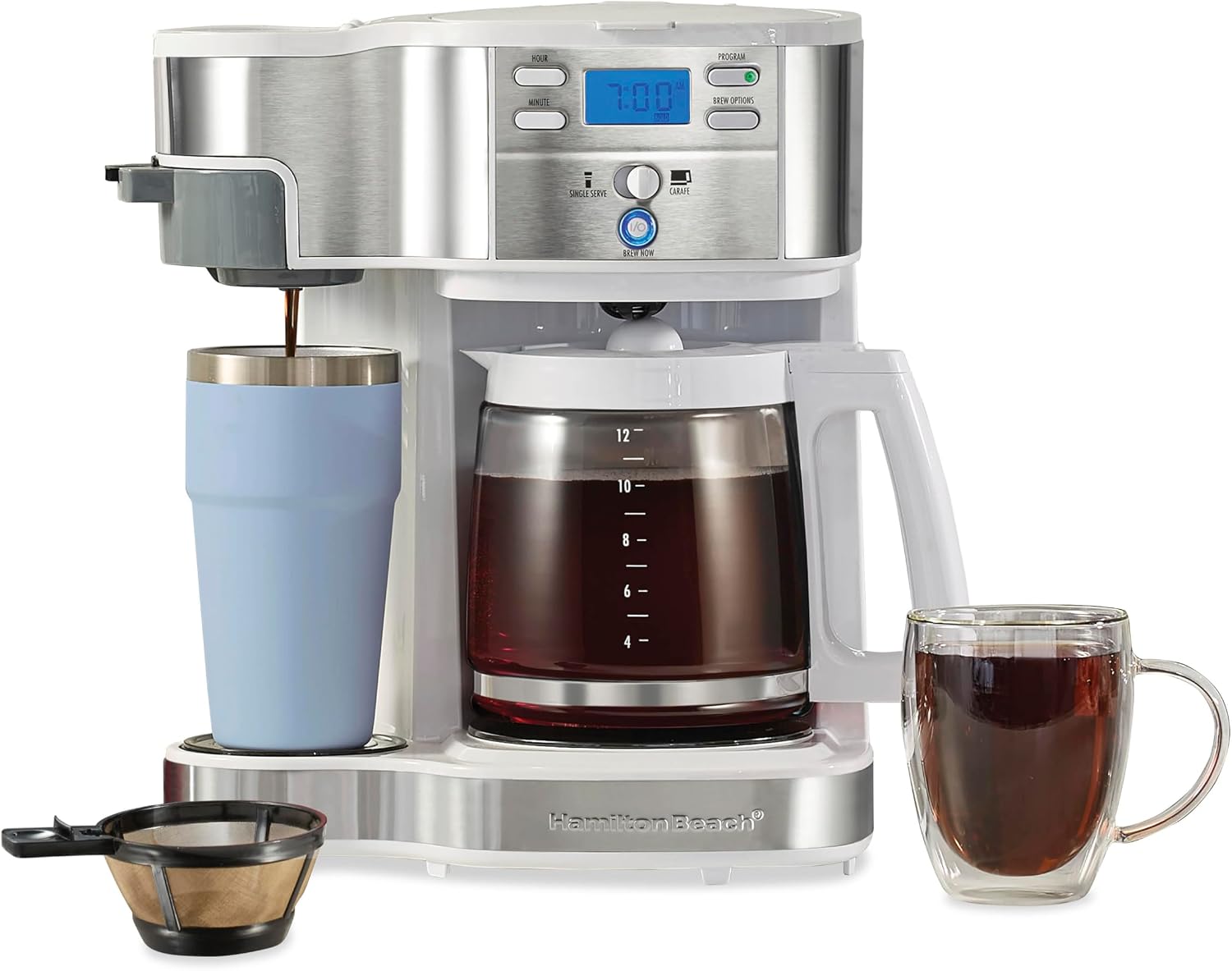 Hamilton Beach 2-Way Programmable Coffee Maker, 12 Cup Glass Carafe And Single Serve Coffee Maker, White with Stainless Steel Accents, 49933