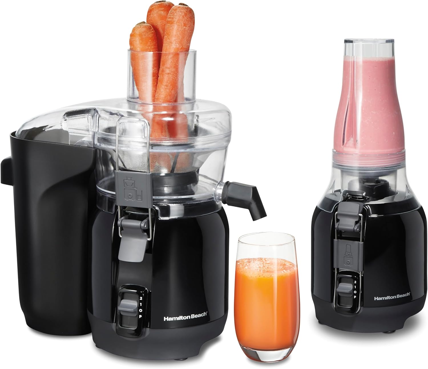 Hamilton Beach Juice & Blend 2-in-1 Juicer Machine and 20 oz. Blender, Big Mouth Large 3” Feed Chute for Whole Fruits and Vegetables, Easy to Clean, Centrifugal Extractor, 800W Motor, Black (67970)