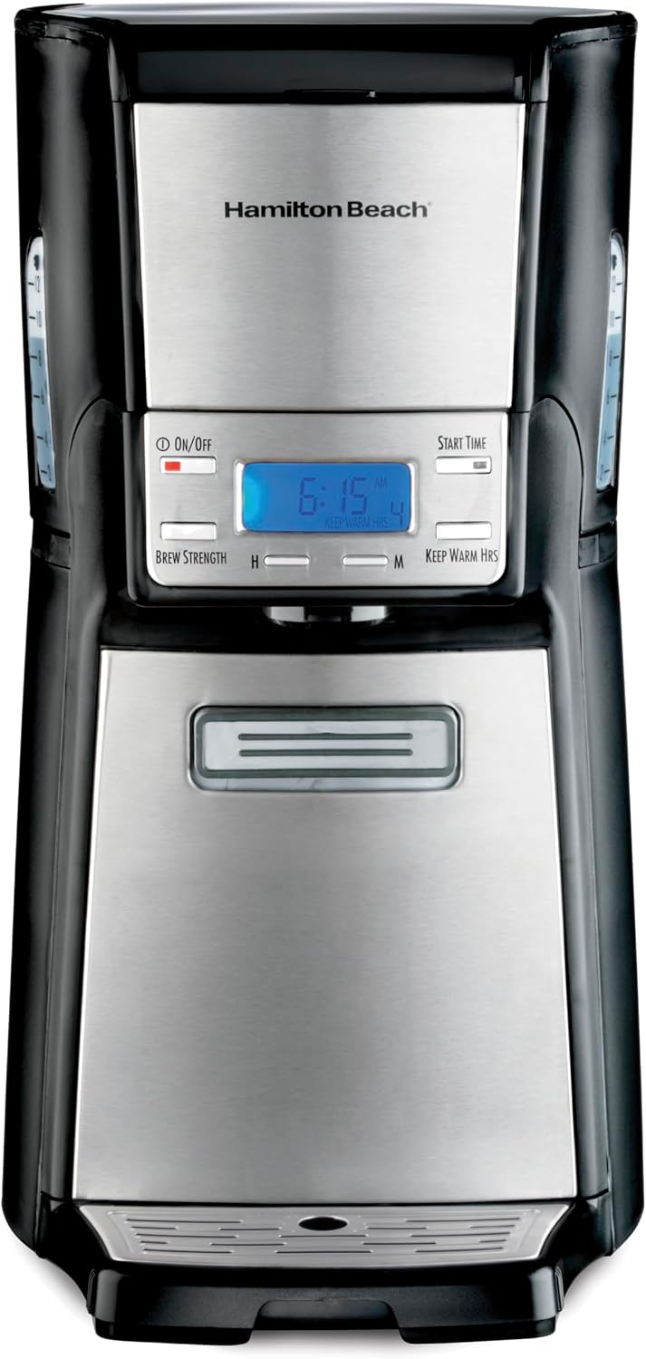 Hamilton Beach One Press Programmable Dispensing Drip Coffee Maker w 12 Cup Internal Brew Pot, Removable Water Reservoir, Black & Stainless Steel