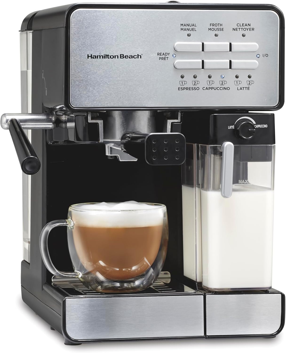 Hamilton Beach Slide and Lock Espresso Machine, Programmable Coffee Maker, 15 Bar Pump, Milk Frother Steamer Wand, 70 oz. Removable Reservoir, Black