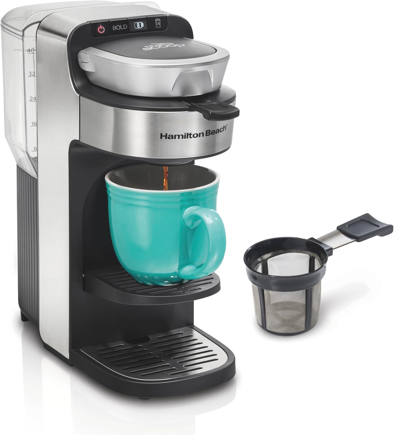 Hamilton Beach The Scoop Single Serve Coffee Maker, Fast Grounds Brewer, 8–14oz Cups, 40oz Removable Reservoir, Stainless Steel, Silver (49987)