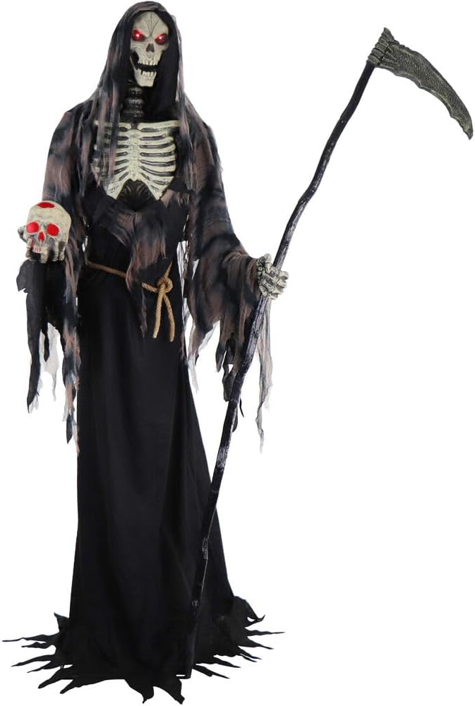 Haunted Hill Farm 7-Ft Rotting Reaper Halloween Animatronic, Motion-Activated Talking Prop Decoration