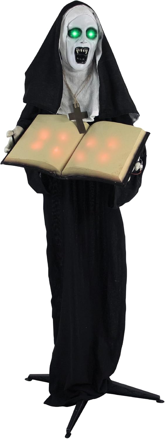Haunted Hill Farm Lifesize Scary Talking Haunted Nun Halloween Prop with Touch Activated Lights and Sound, Poseable, Battery Operated