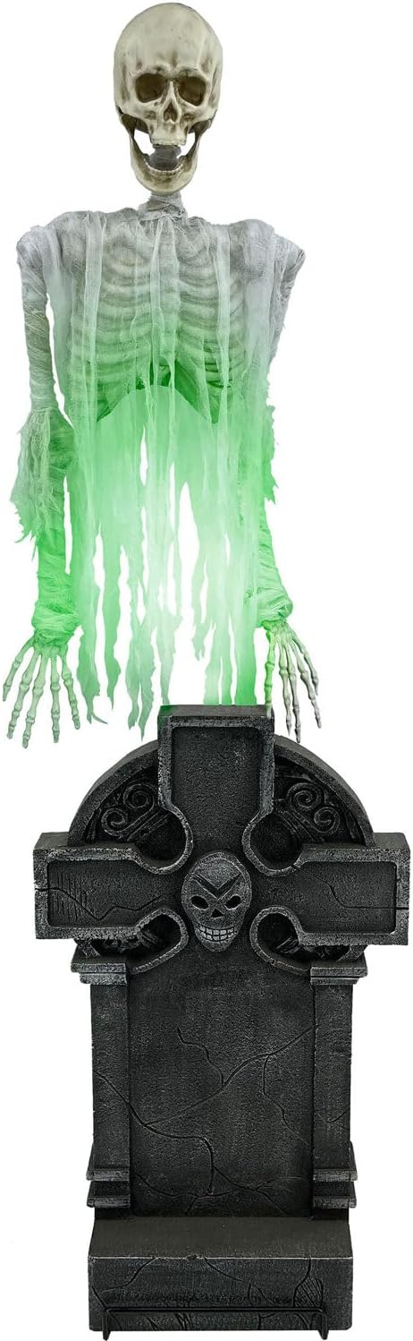 Haunted Hill Farm Motion Activated Floating Skeleton Ghost Over Tombstone by Tekky, Battery Operated Halloween Animatronic