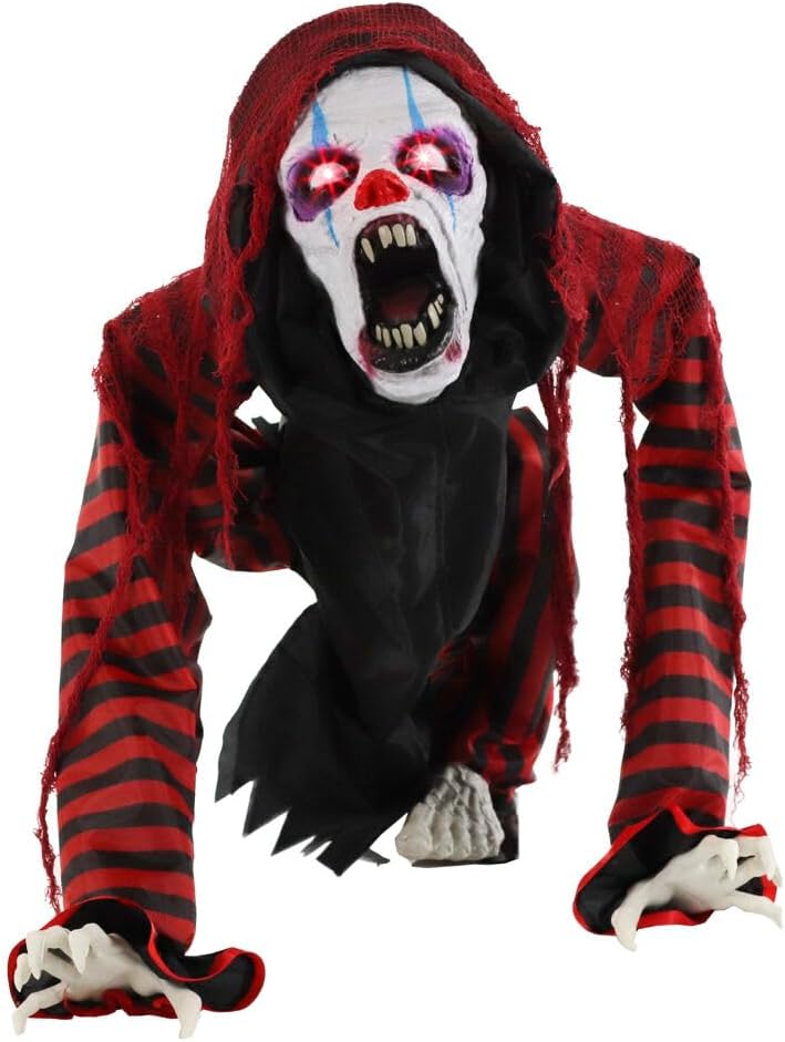 Haunted Hill Farm Squatting Clown Dog Halloween Animatronic with Movement, Sounds, and Light-Up Eyes for Scary