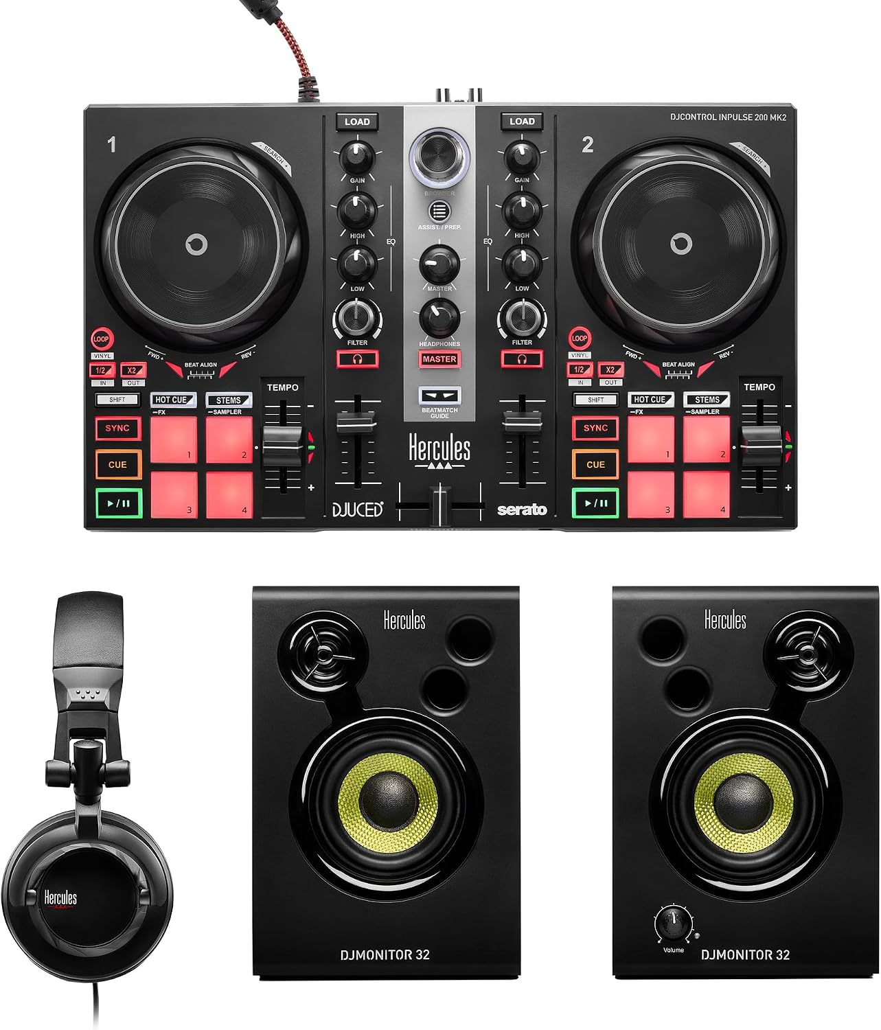 Hercules DJ Learning Kit MK II with Inpulse 200 MK2 Controller, HDP DJ45 Headphones, and DJMonitor 32 Speakers